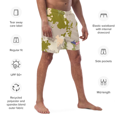 Michigan Upper Peninsula Men's Swim Trunks (w/ UP USA Flag ) | Rosy Mound Camo