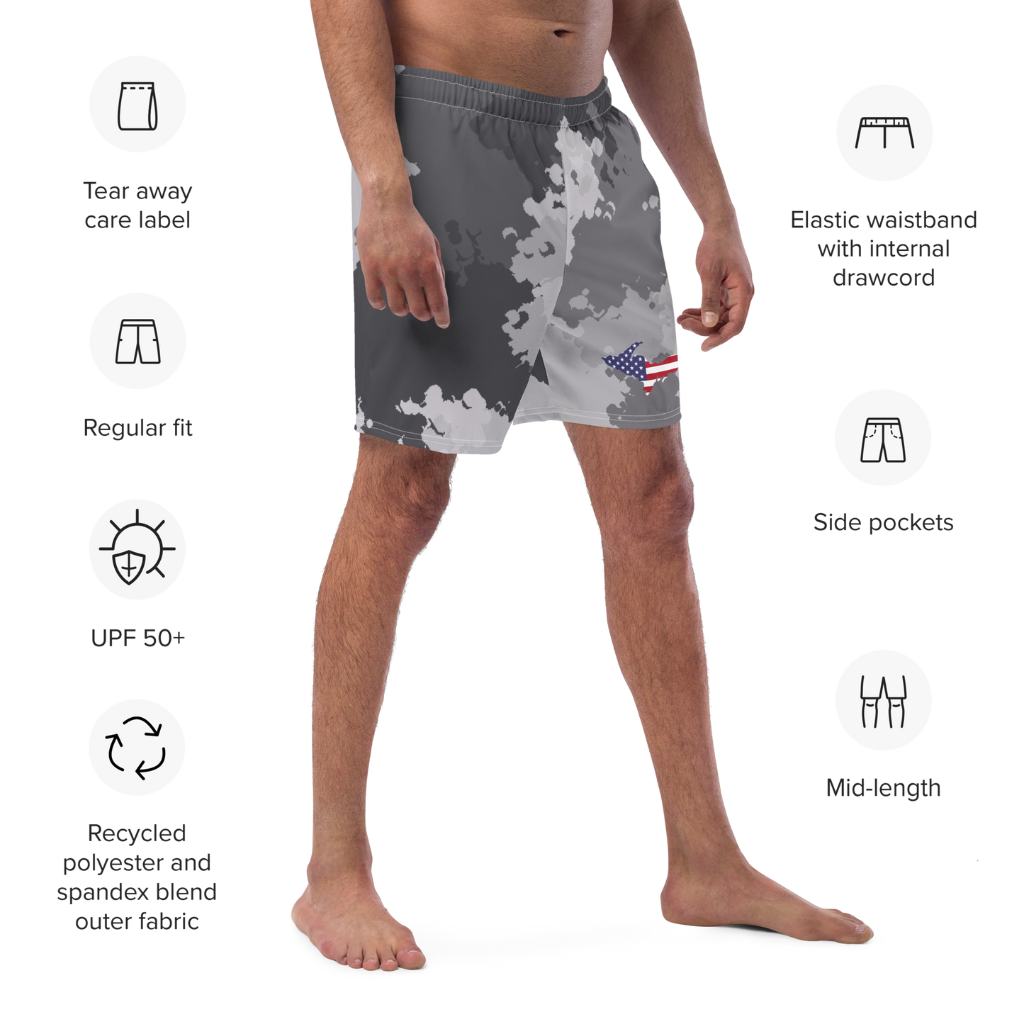 Michigan Upper Peninsula Men's Swim Trunks (w/ UP USA Flag ) | Iron Ore Camo