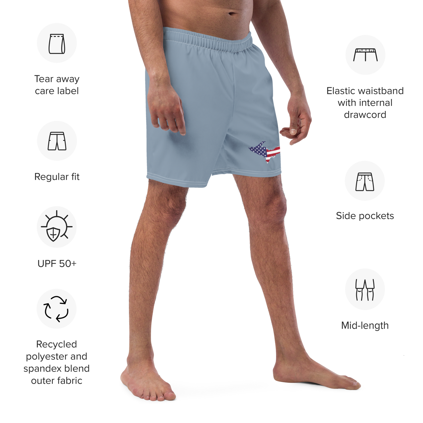 Michigan Upper Peninsula Men's Swim Trunks (w/ UP USA Flag ) | B-24 Grey