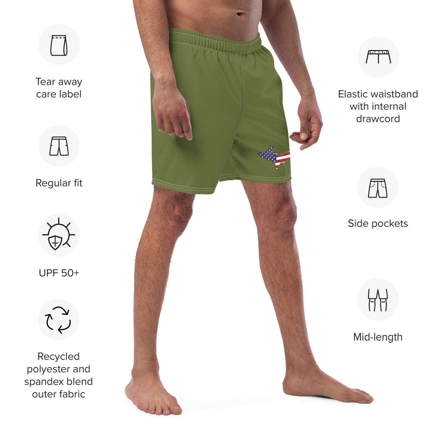 Michigan Upper Peninsula Men's Swim Trunks (w/ UP USA Flag ) | Beachgrass Green