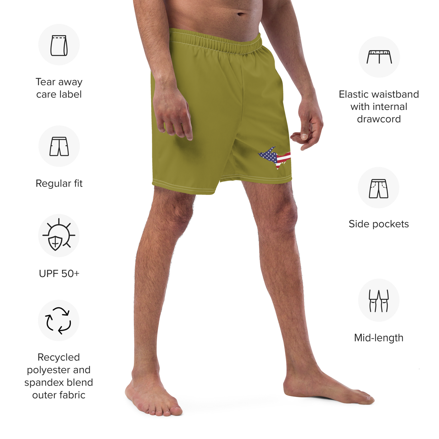 Michigan Upper Peninsula Men's Swim Trunks (w/ UP USA Flag ) | Beachgrass Gold