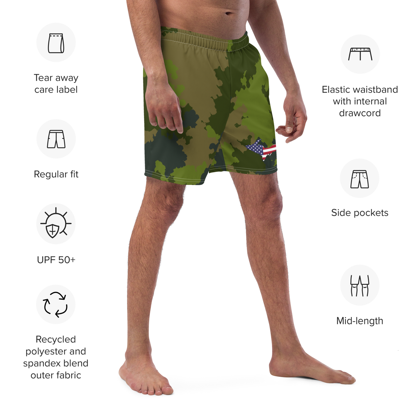 Michigan Upper Peninsula Men's Swim Trunks (w/ UP USA Flag ) | Woodland Camo