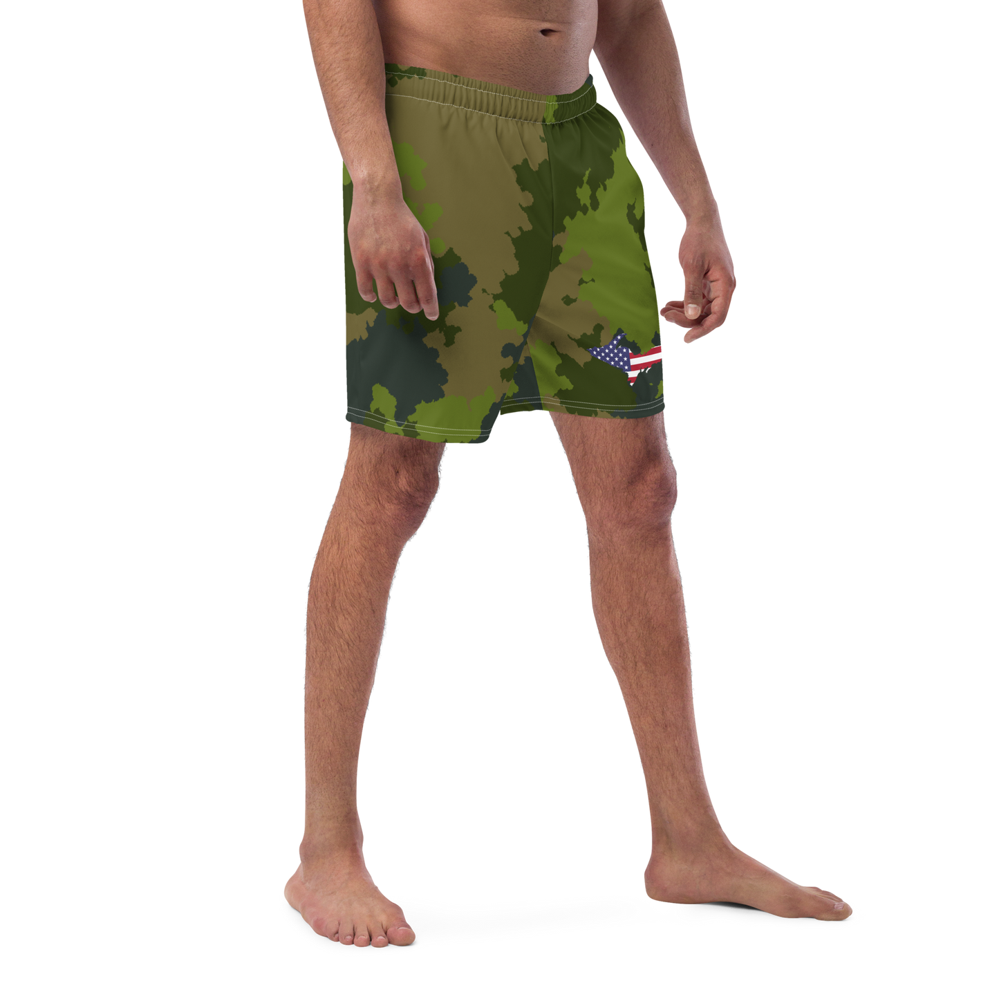 Michigan Upper Peninsula Men's Swim Trunks (w/ UP USA Flag ) | Woodland Camo