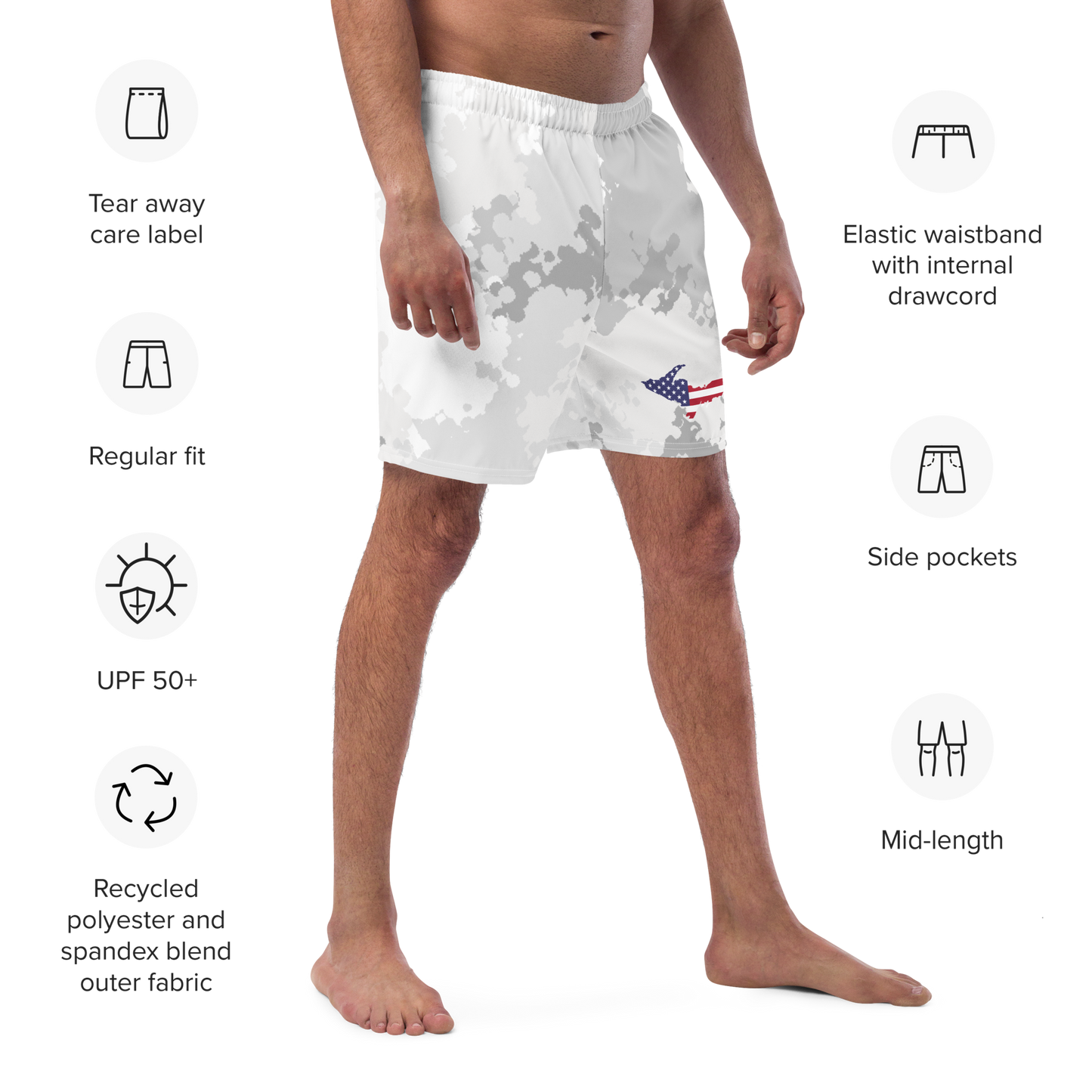 Michigan Upper Peninsula Men's Swim Trunks (w/ UP USA Flag ) | Snow Camo