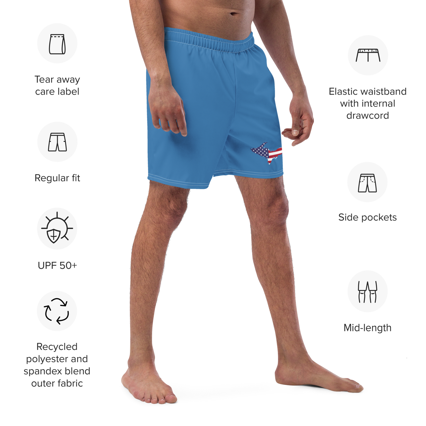 Michigan Upper Peninsula Men's Swim Trunks (w/ UP USA Flag ) | Lake Superior Blue