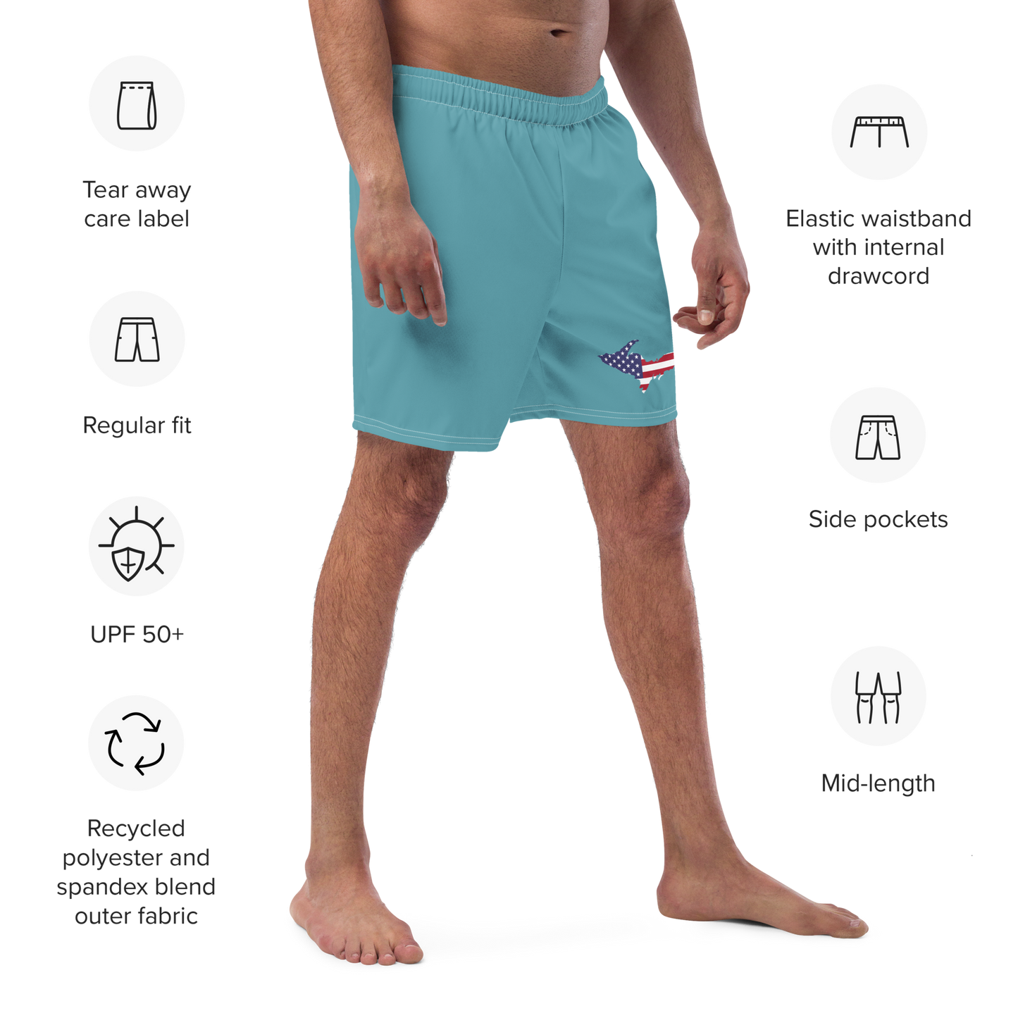 Michigan Upper Peninsula Men's Swim Trunks (w/ UP USA Flag ) | Lake Huron Blue