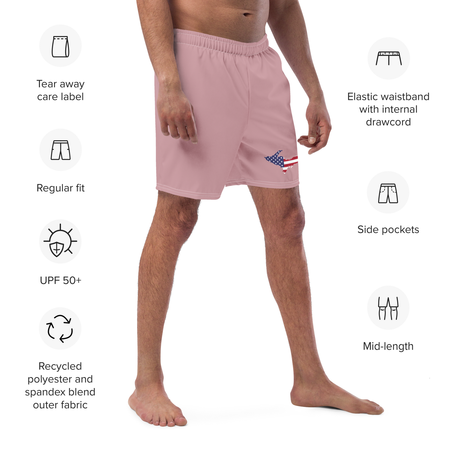 Michigan Upper Peninsula Men's Swim Trunks (w/ UP USA Flag ) | Cherry Blossom Pink