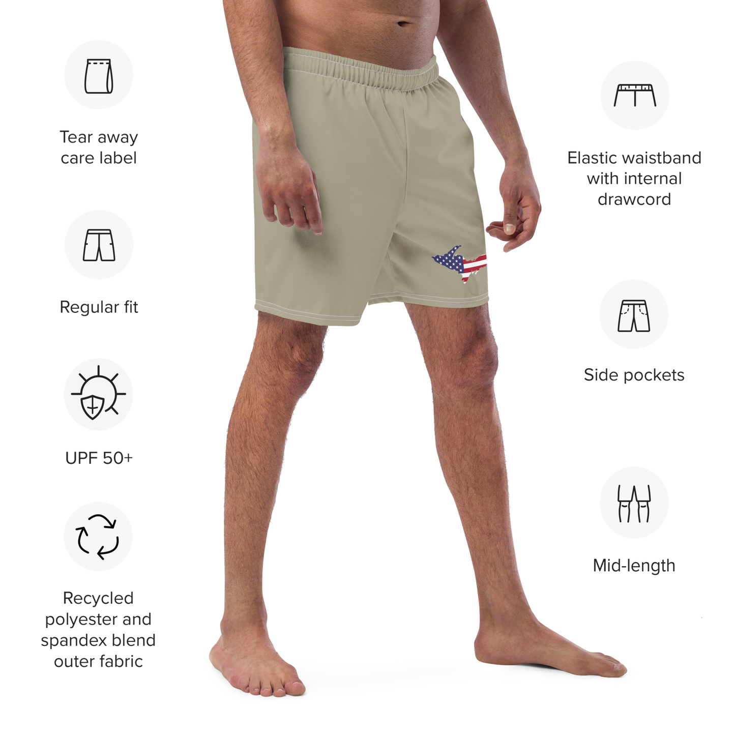 Michigan Upper Peninsula Men's Swim Trunks (w/ UP USA Flag ) | Petoskey Stone Beige