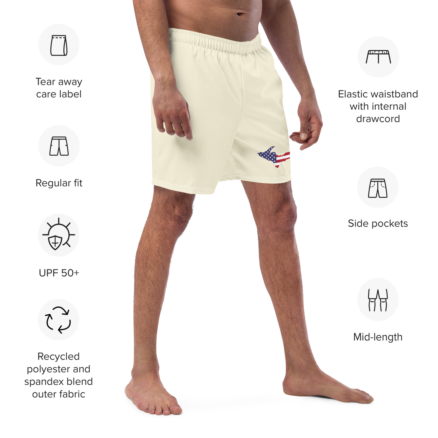 Michigan Upper Peninsula Men's Swim Trunks (w/ UP USA Flag ) | Ivory Color