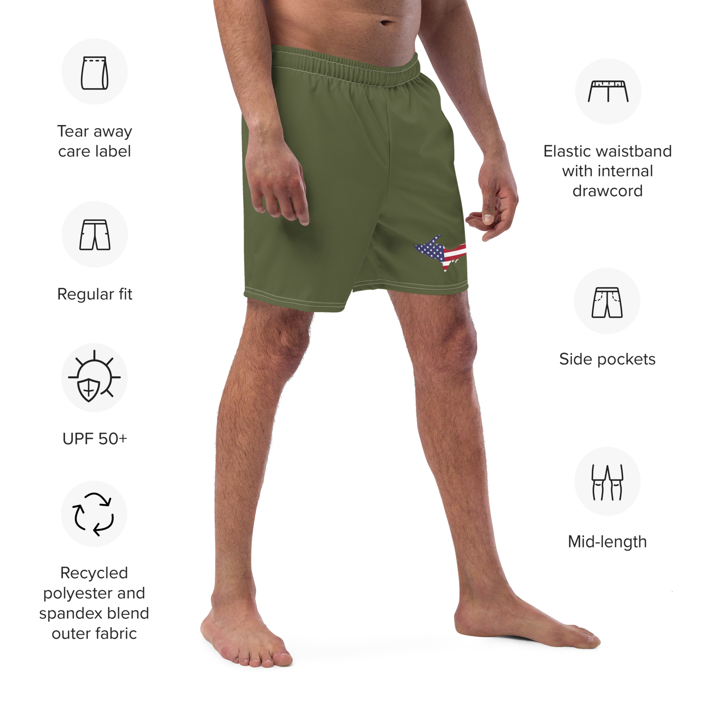 Michigan Upper Peninsula Men's Swim Trunks (w/ UP USA Flag ) | Army Green