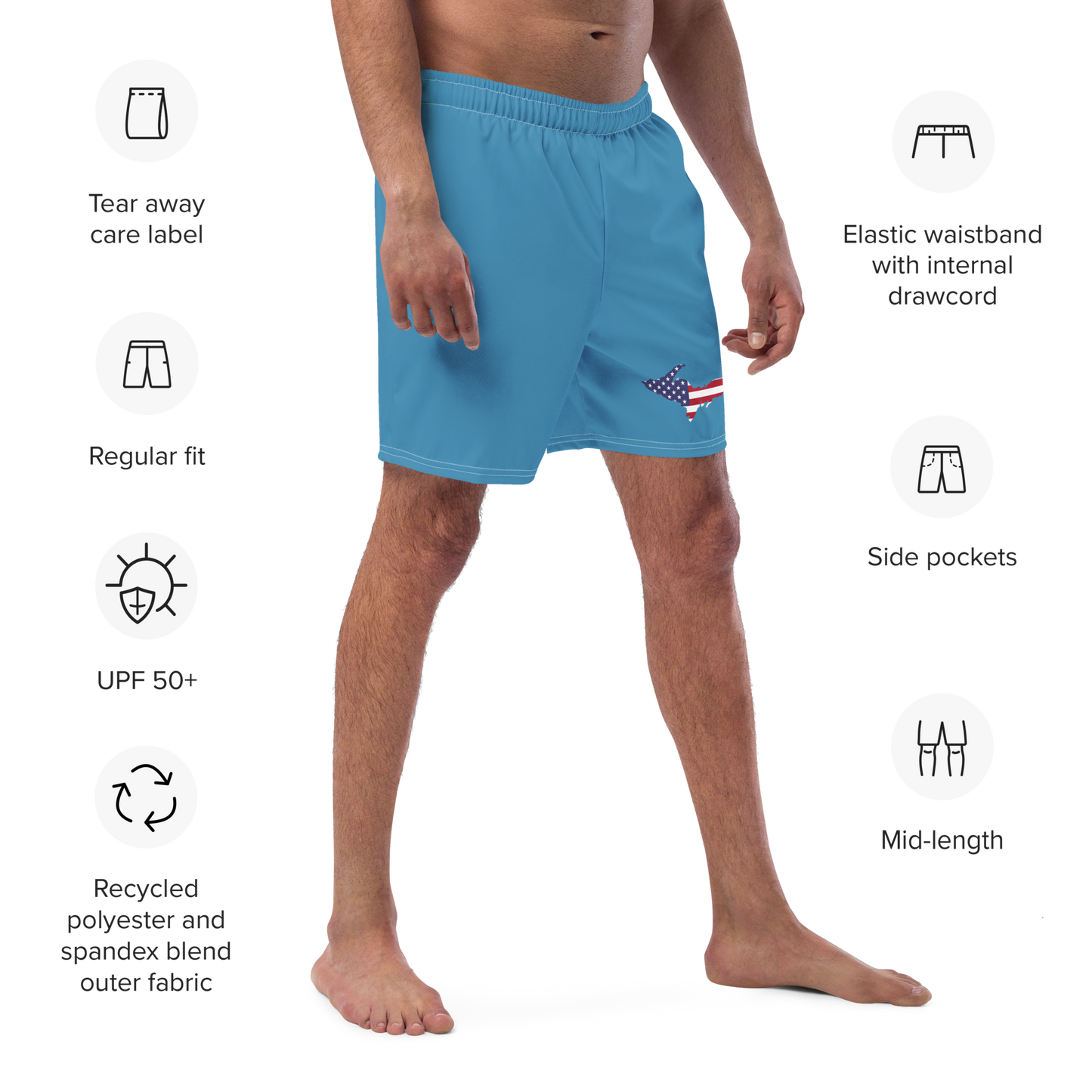 Michigan Upper Peninsula Men's Swim Trunks (w/ UP USA Flag ) | Lake Michigan Blue