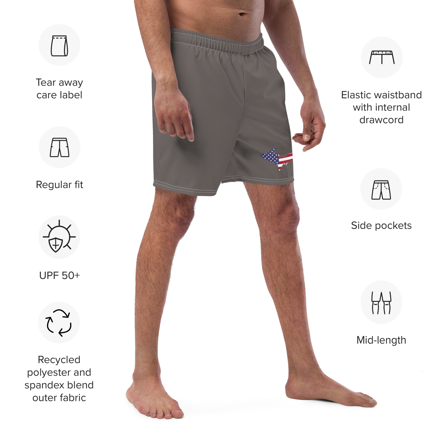 Michigan Upper Peninsula Men's Swim Trunks (w/ UP USA Flag ) | Warren Tank Grey