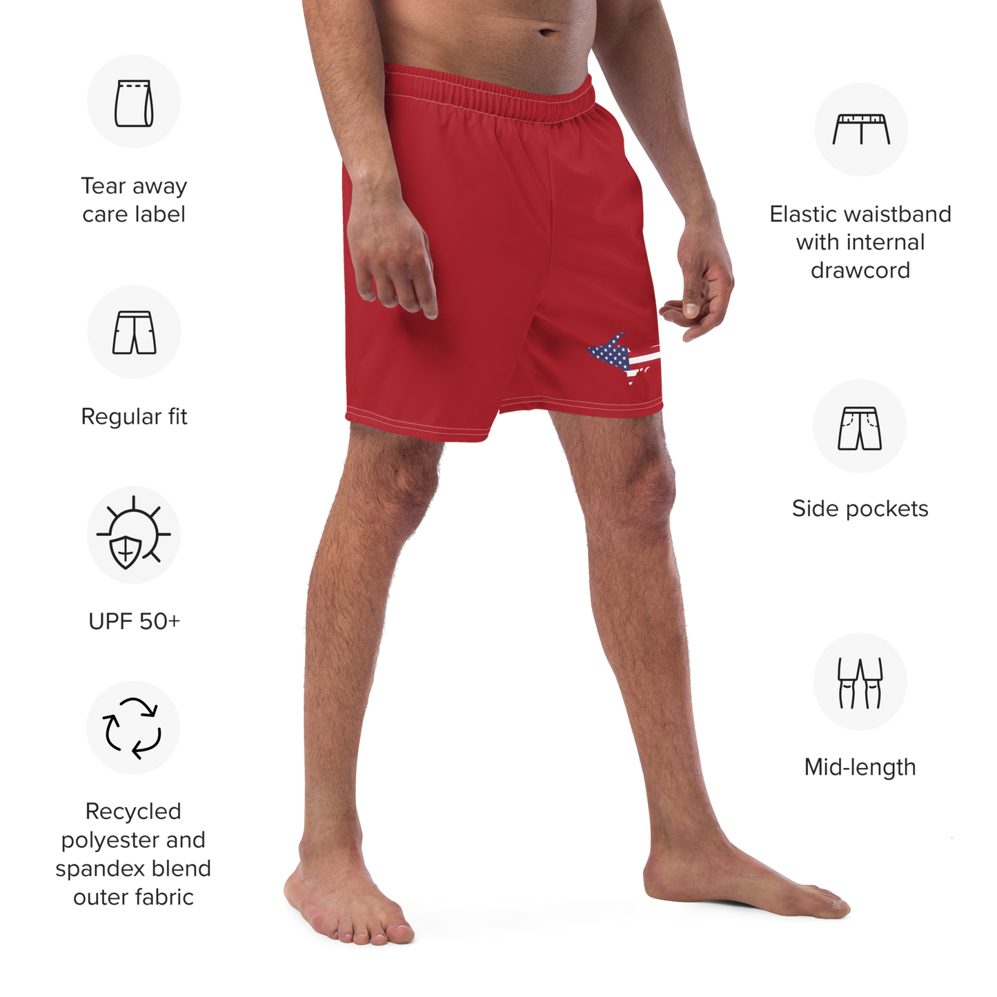 Michigan Upper Peninsula Men's Swim Trunks (w/ UP USA Flag ) | Thimbleberry Red