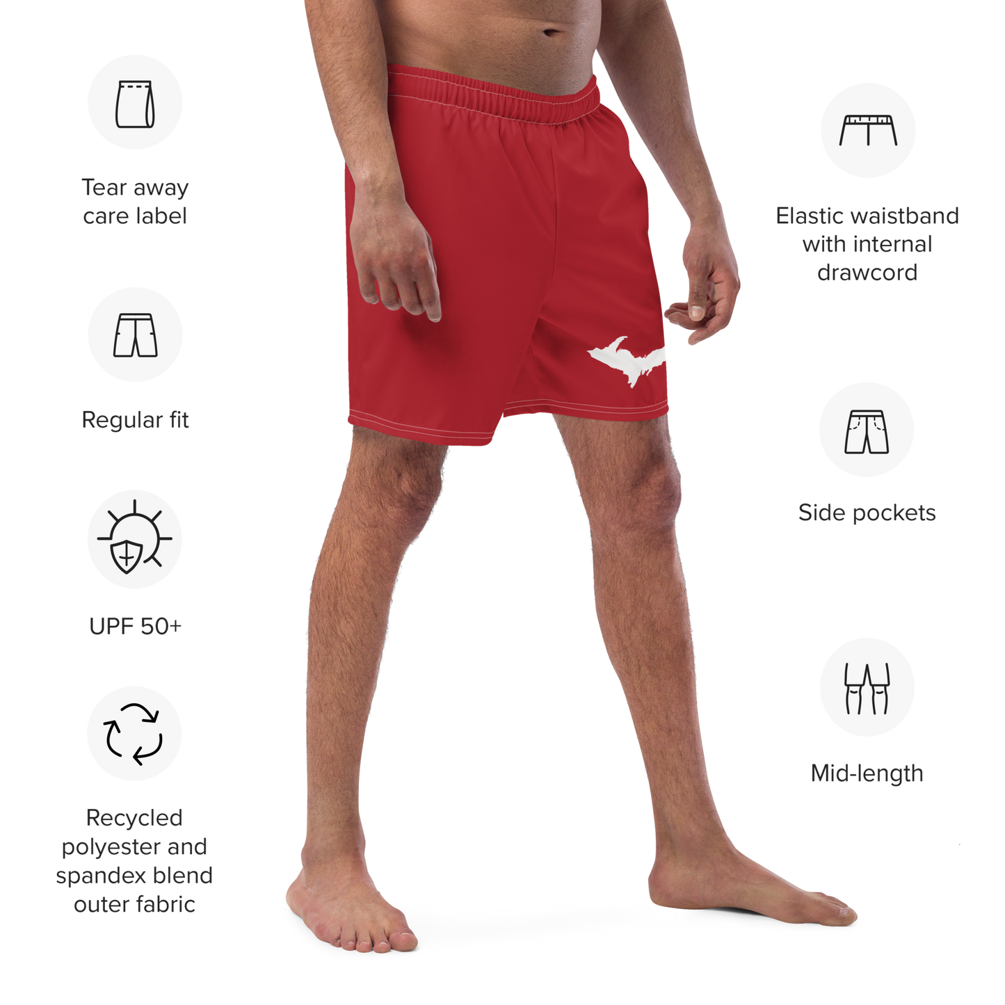 Michigan Upper Peninsula Men's Swim Trunks (w/ UP Outline) | Thimbleberry Red