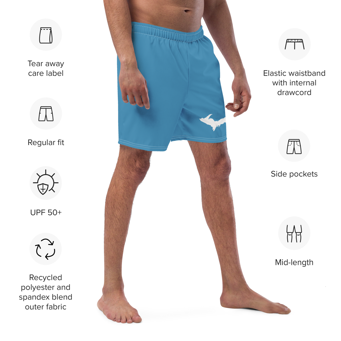 Michigan Upper Peninsula Men's Swim Trunks (w/ UP Outline) | Lake Michigan Blue