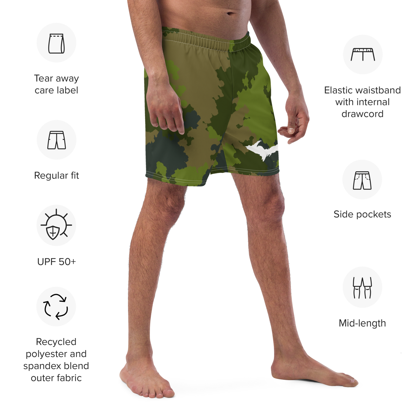 Michigan Upper Peninsula Men's Swim Trunks (w/ UP Outline ) | Woodland Camo