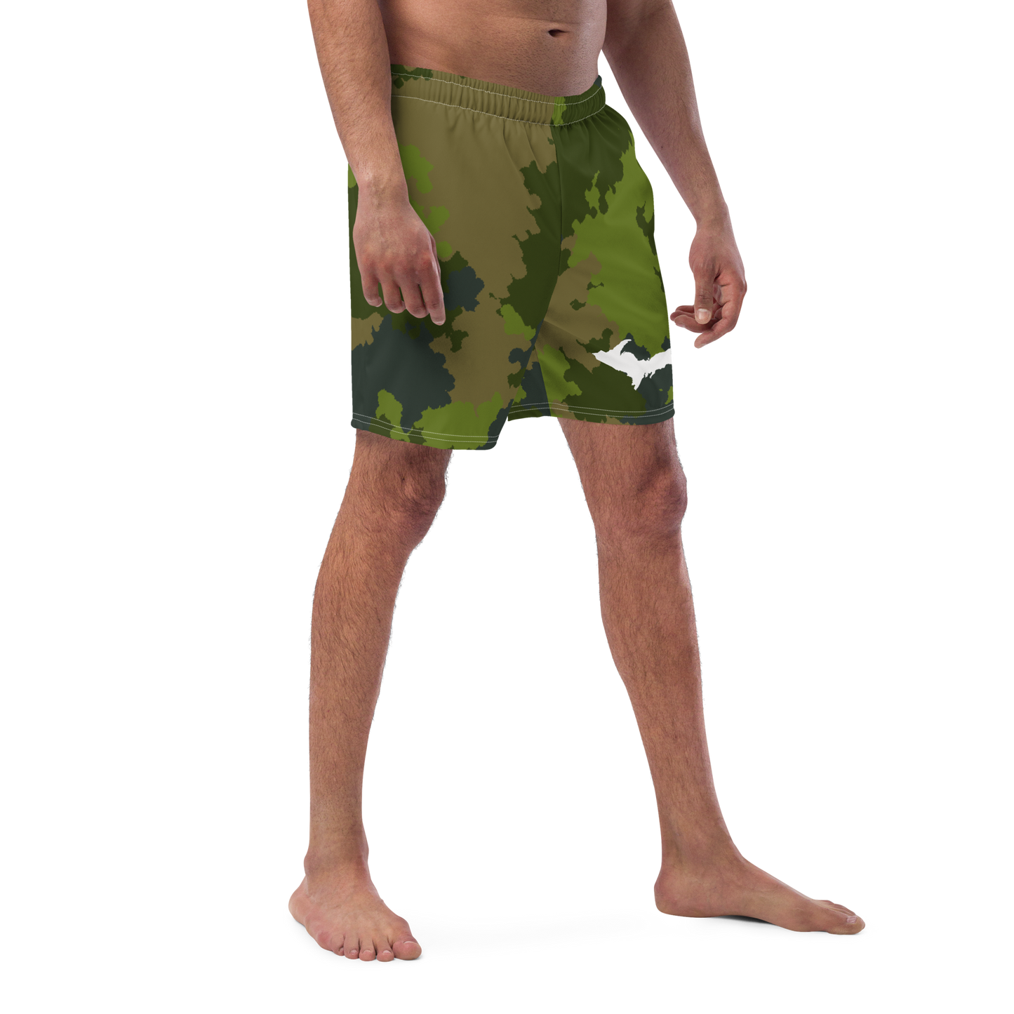 Michigan Upper Peninsula Men's Swim Trunks (w/ UP Outline ) | Woodland Camo