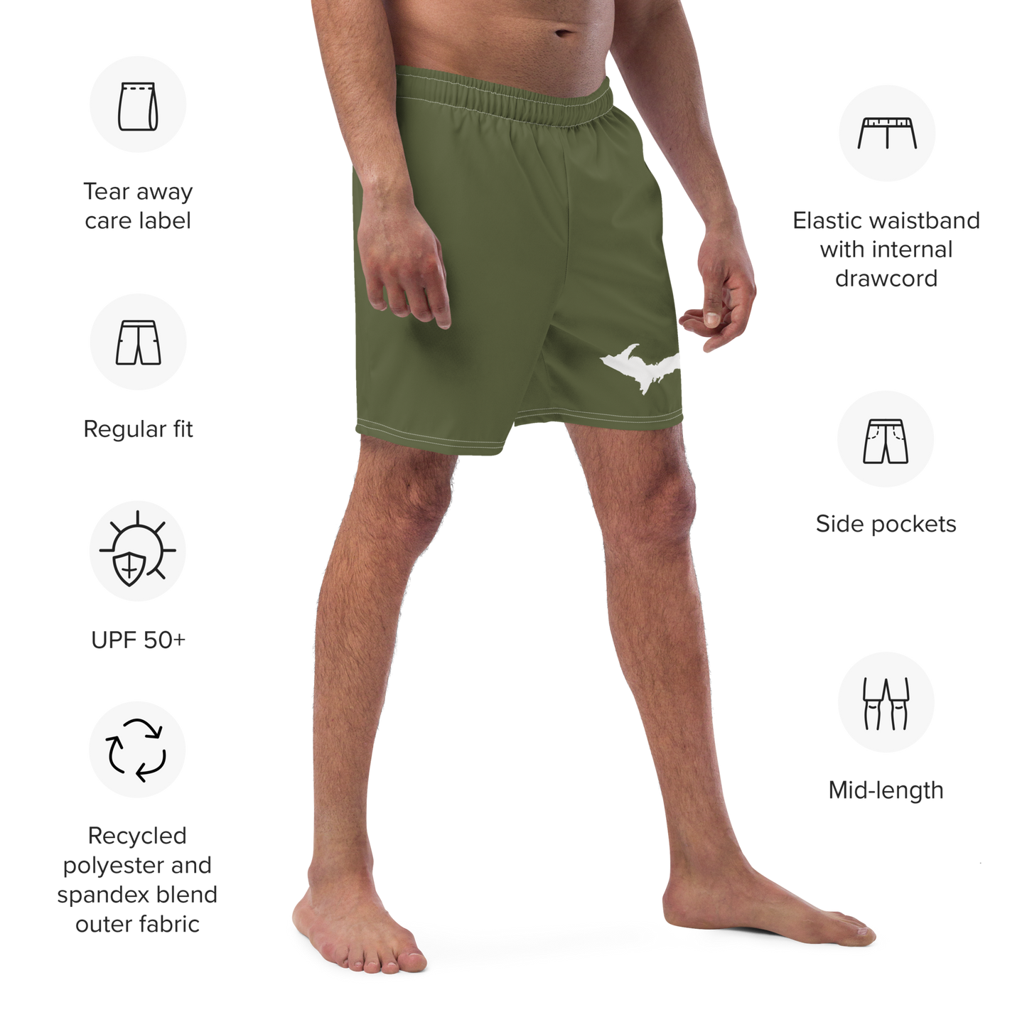 Michigan Upper Peninsula Men's Swim Trunks (w/ UP Outline ) | Army Green