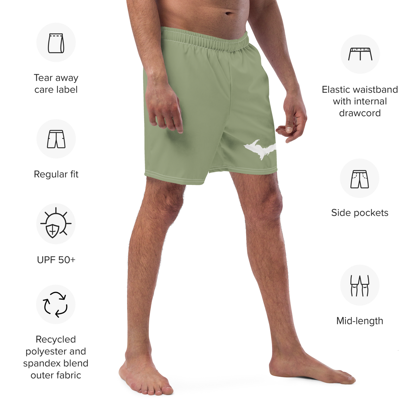 Michigan Upper Peninsula Men's Swim Trunks (w/ UP Outline ) | Beachgrass Green