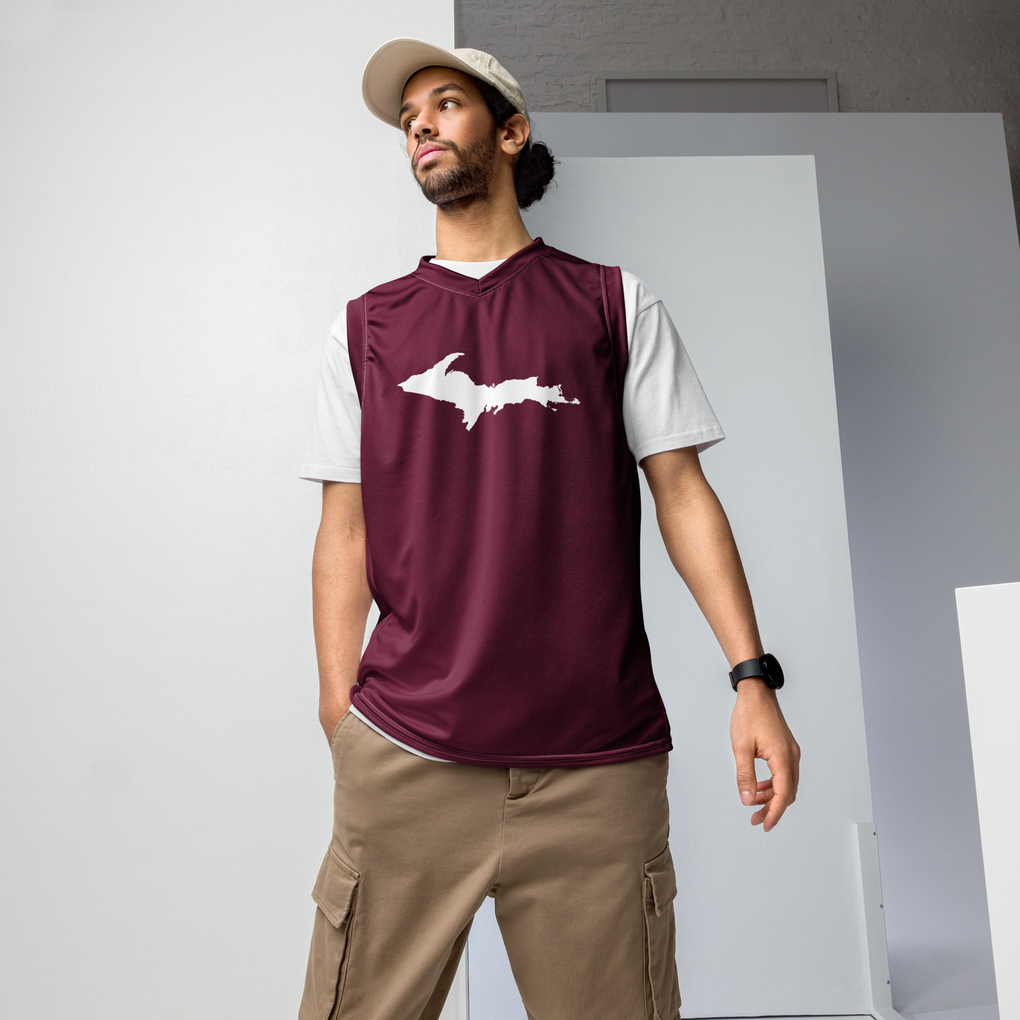 Michigan Upper Peninsula Basketball Jersey (w/ UP Outline) | Unisex - Old Mission Burgundy