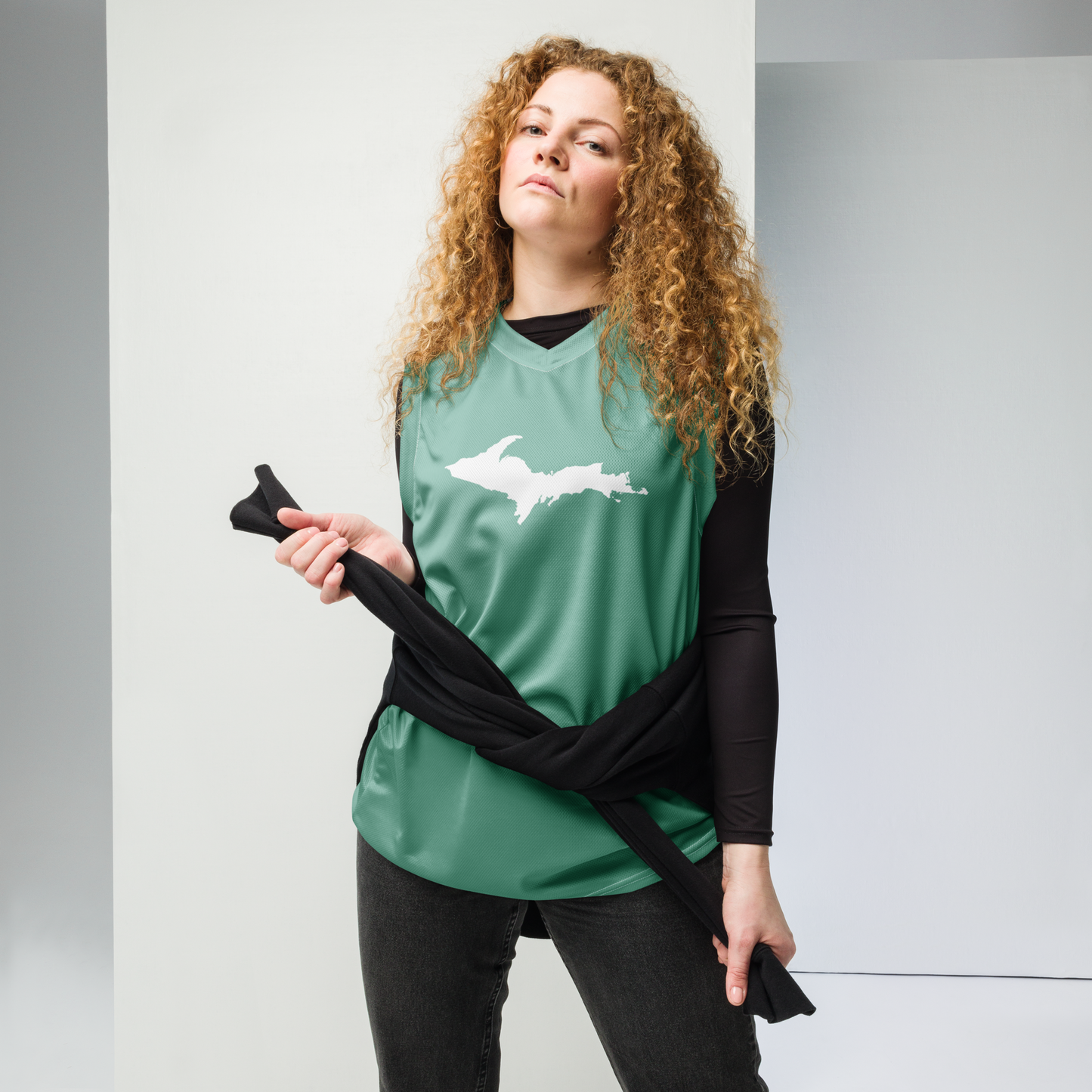 Michigan Upper Peninsula Basketball Jersey ( w/ UP Outline) | Unisex - Metallic Mint Green