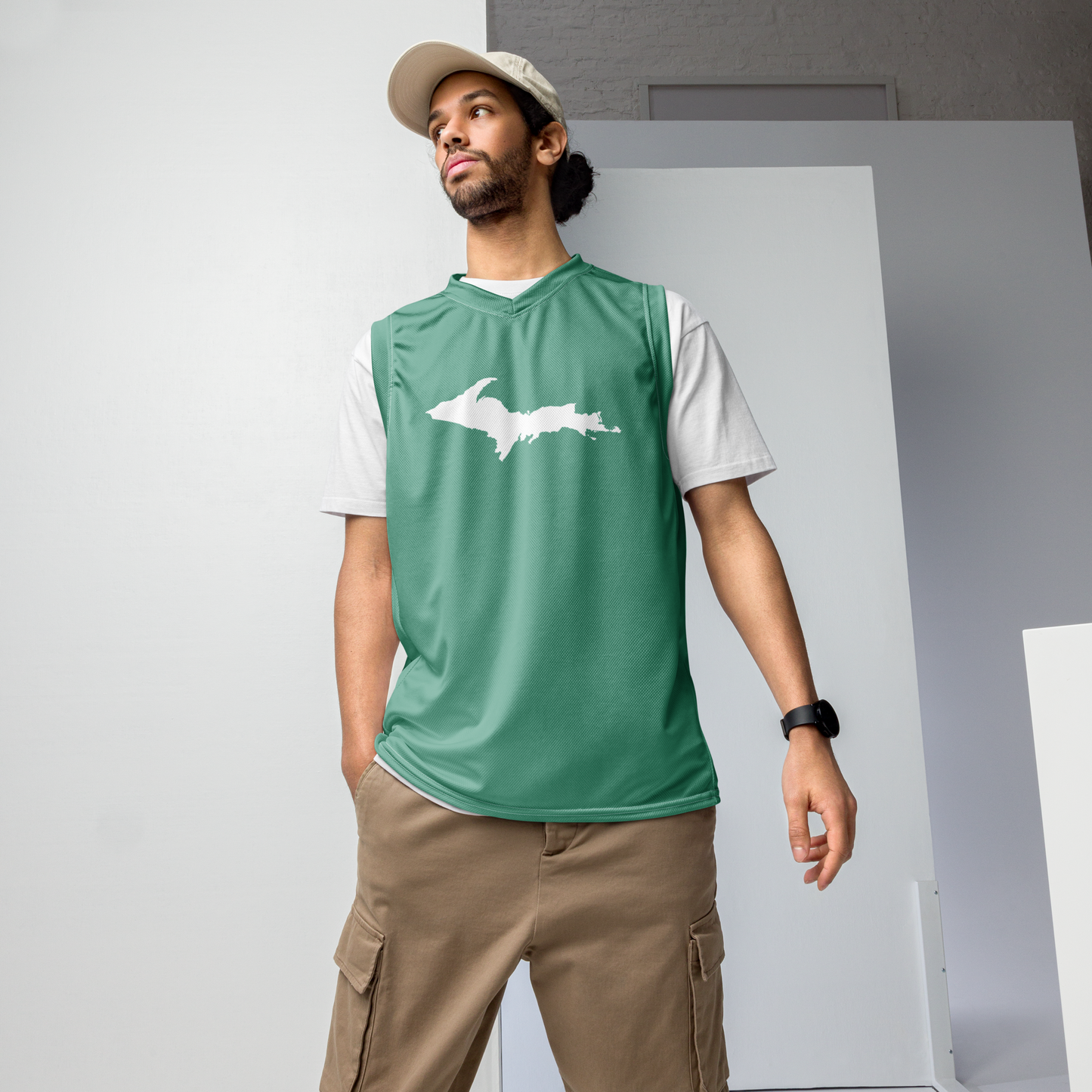 Michigan Upper Peninsula Basketball Jersey ( w/ UP Outline) | Unisex - Metallic Mint Green