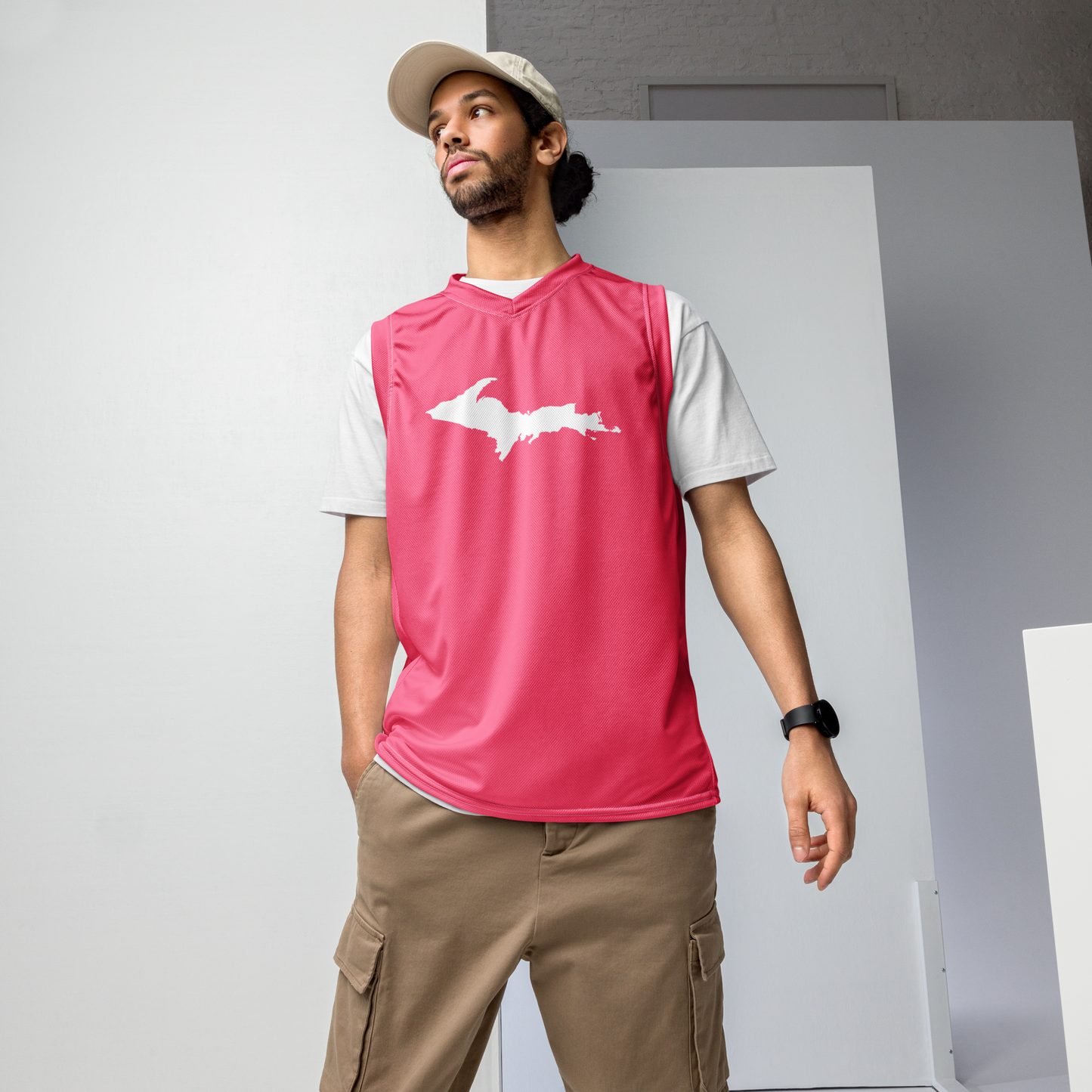 Michigan Upper Peninsula Basketball Jersey (w/ UP Outline) | Unisex - Rhodochrosite Pink