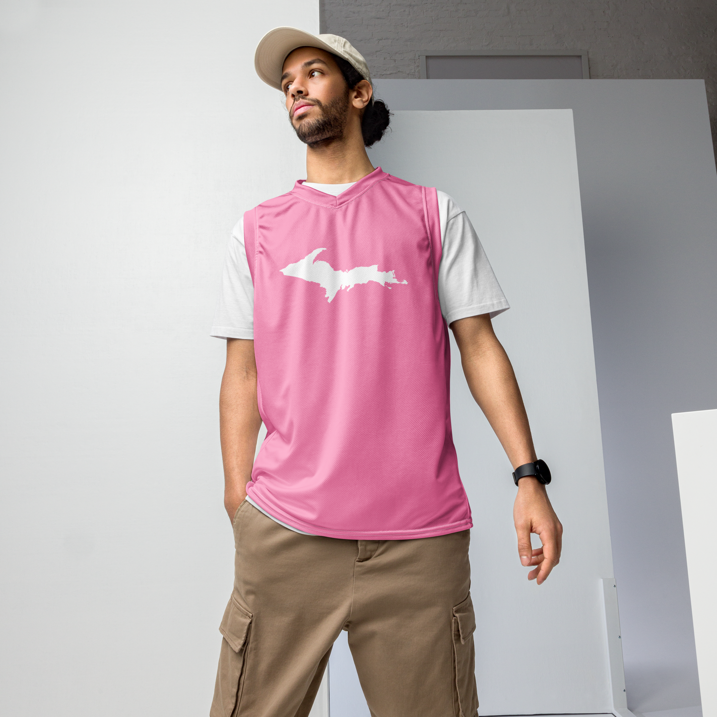 Michigan Upper Peninsula Basketball Jersey (w/ UP Outline) | Unisex - '67 Caddie Pink