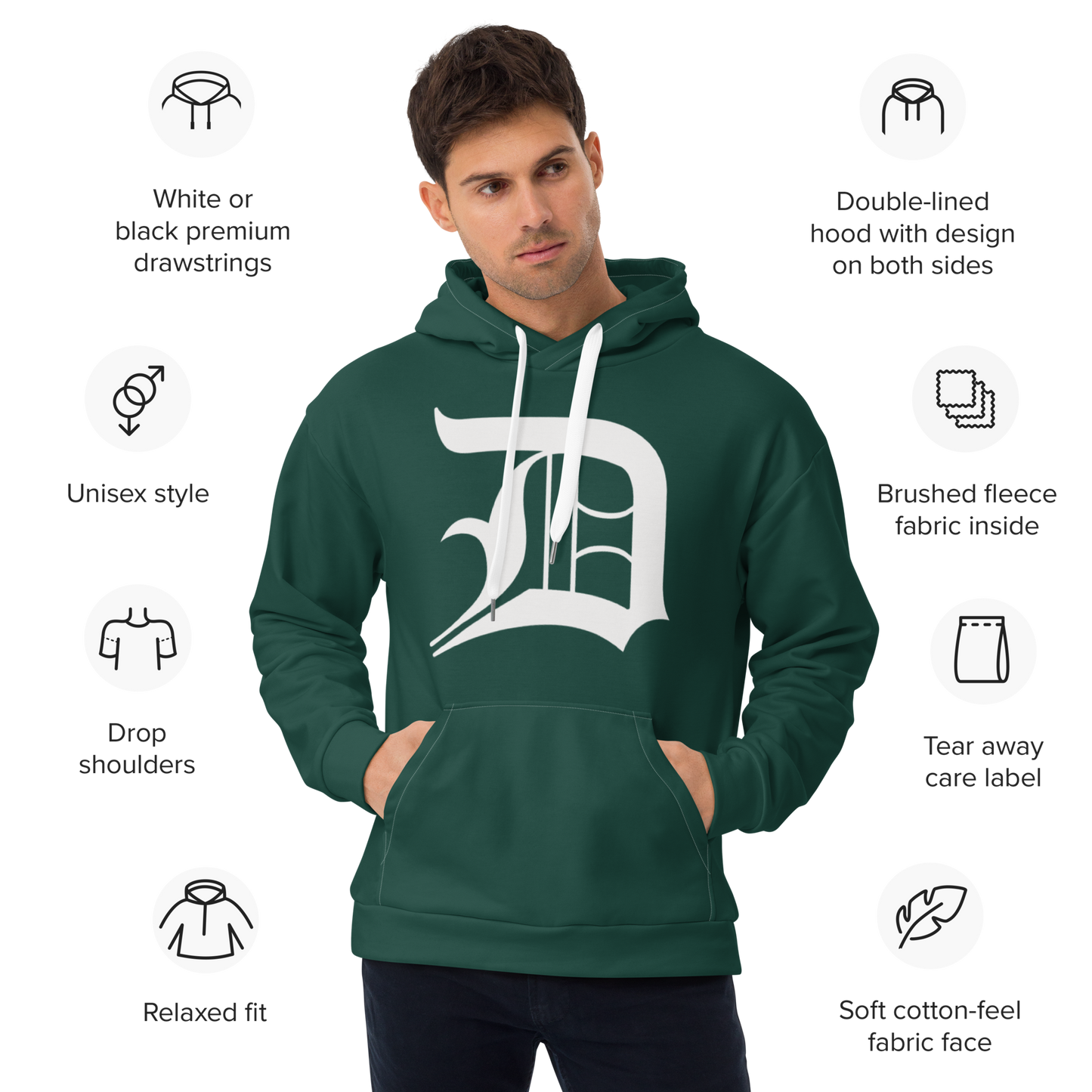 Detroit 'Old English D' Hoodie | Unisex AOP - Laconic Green