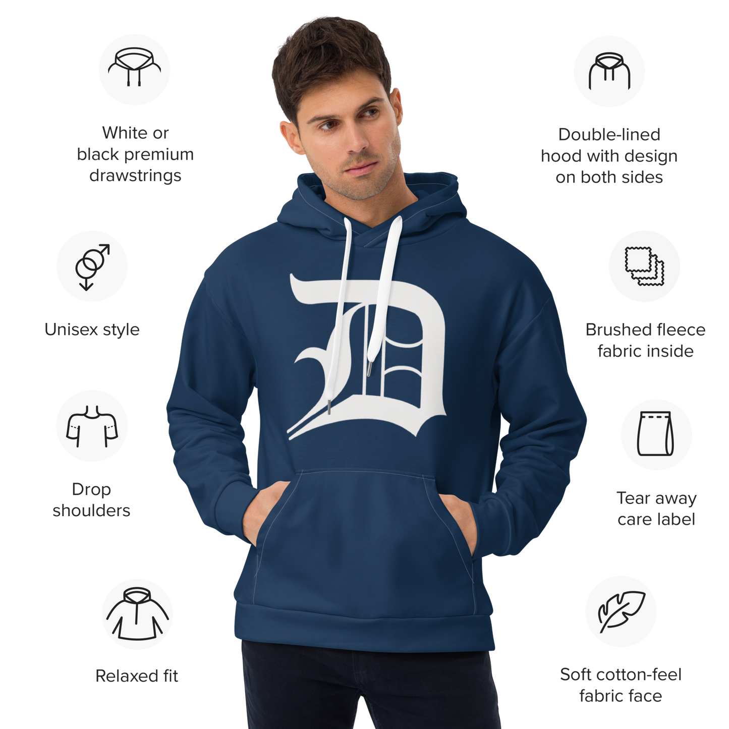 Detroit 'Old English D' Hoodie | Unisex AOP - Navy