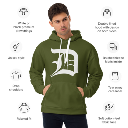 Detroit 'Old English D' Hoodie | Unisex AOP - Army Green