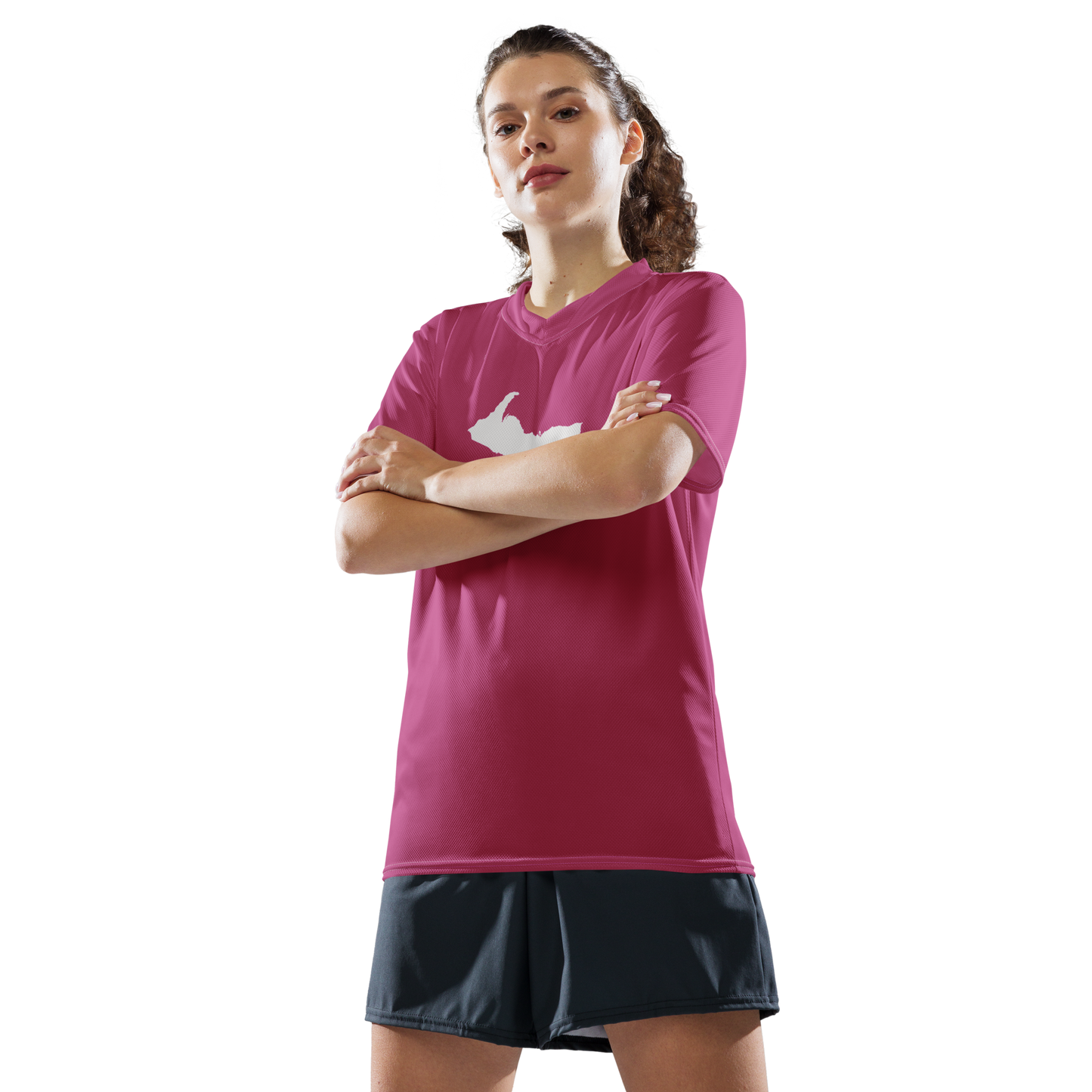 Michigan Upper Peninsula Soccer Jersey (w/ UP Outline) | Unisex - Apple Blossom Pink