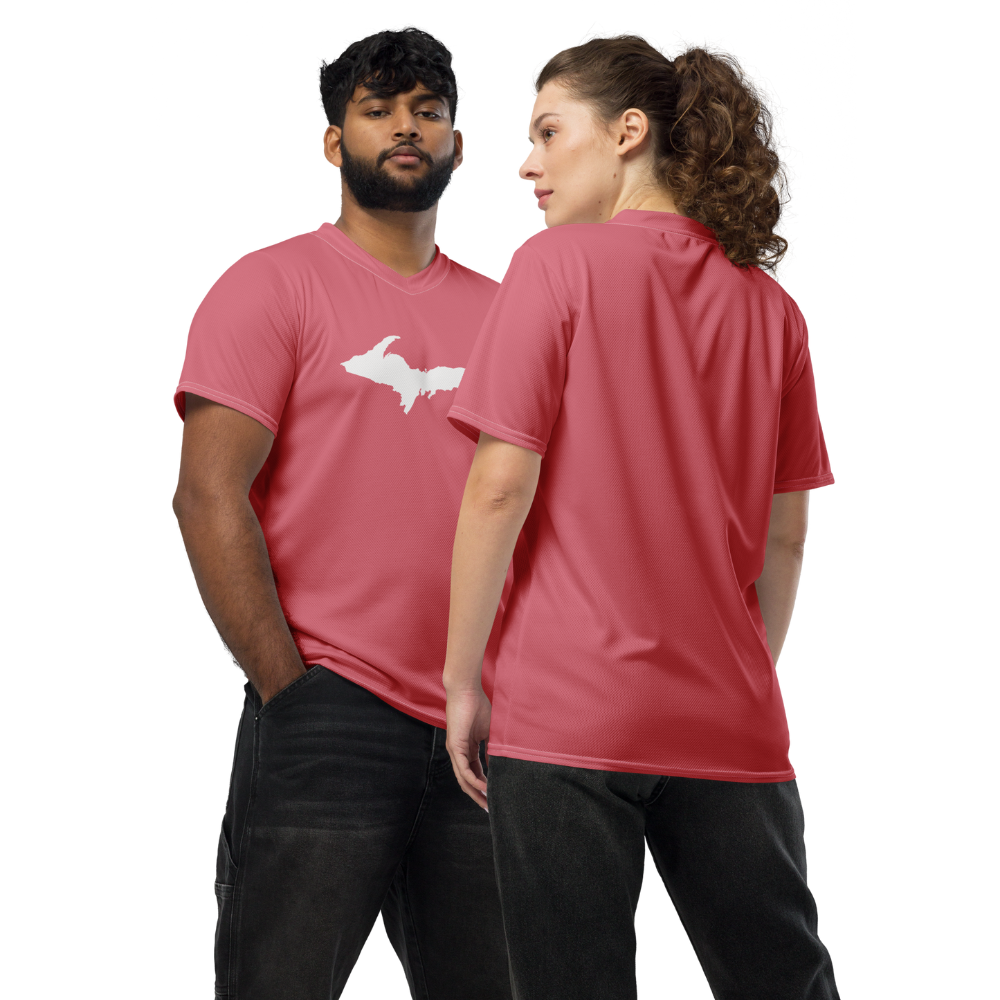 Michigan Upper Peninsula Soccer Jersey (w/ UP Outline) | Unisex - Strawberry Pink