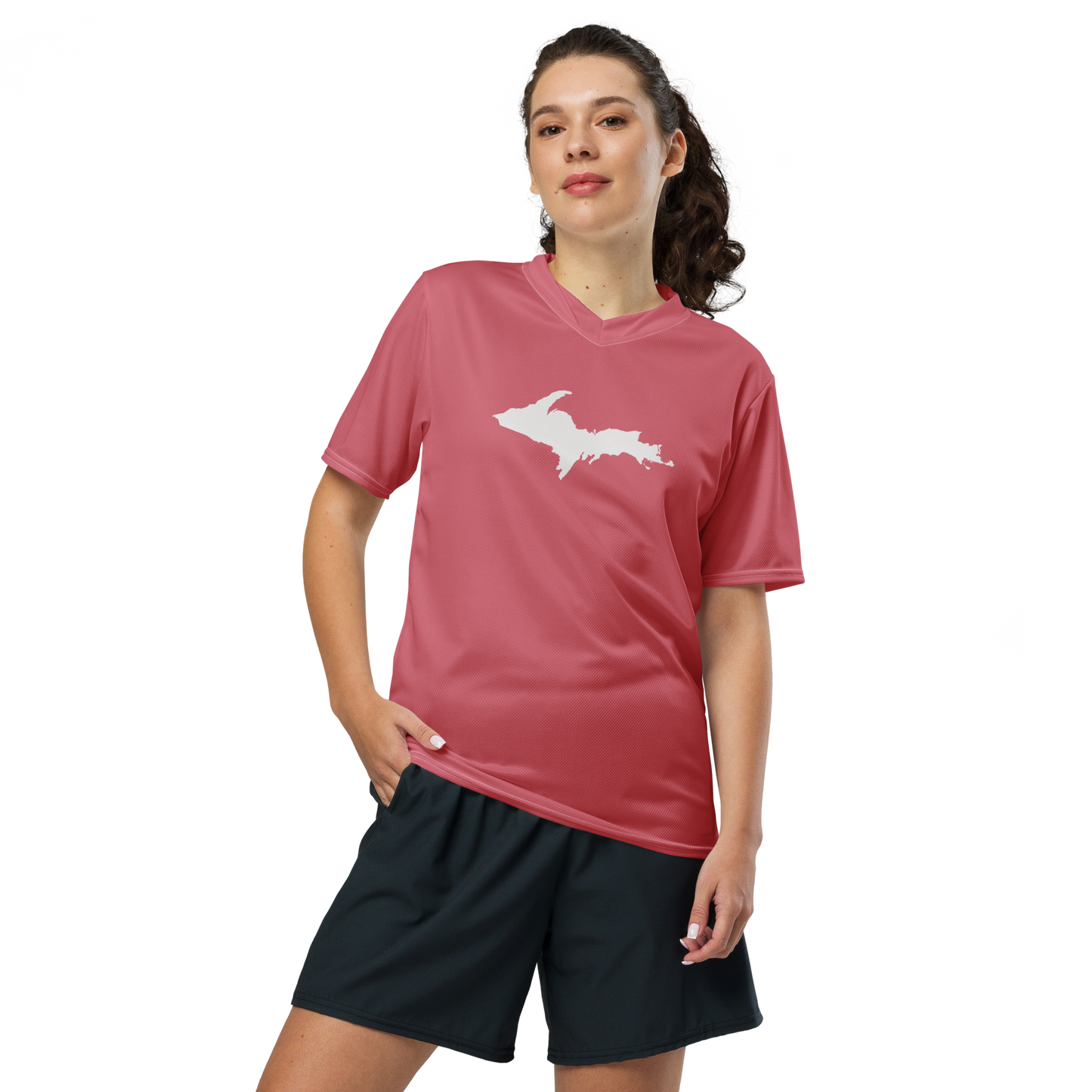 Michigan Upper Peninsula Soccer Jersey (w/ UP Outline) | Unisex - Strawberry Pink