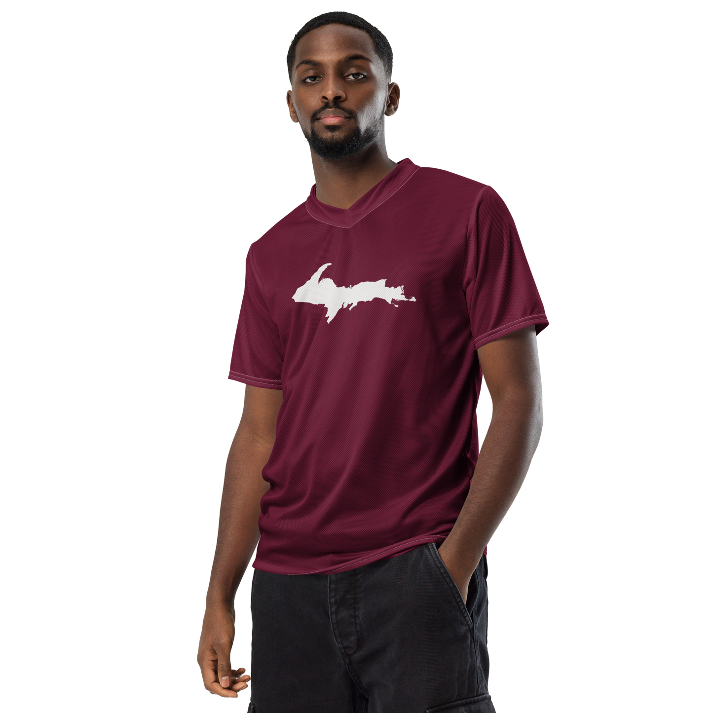 Michigan Upper Peninsula Soccer Jersey (w/ UP Outline) | Unisex - Old Mission Burgundy