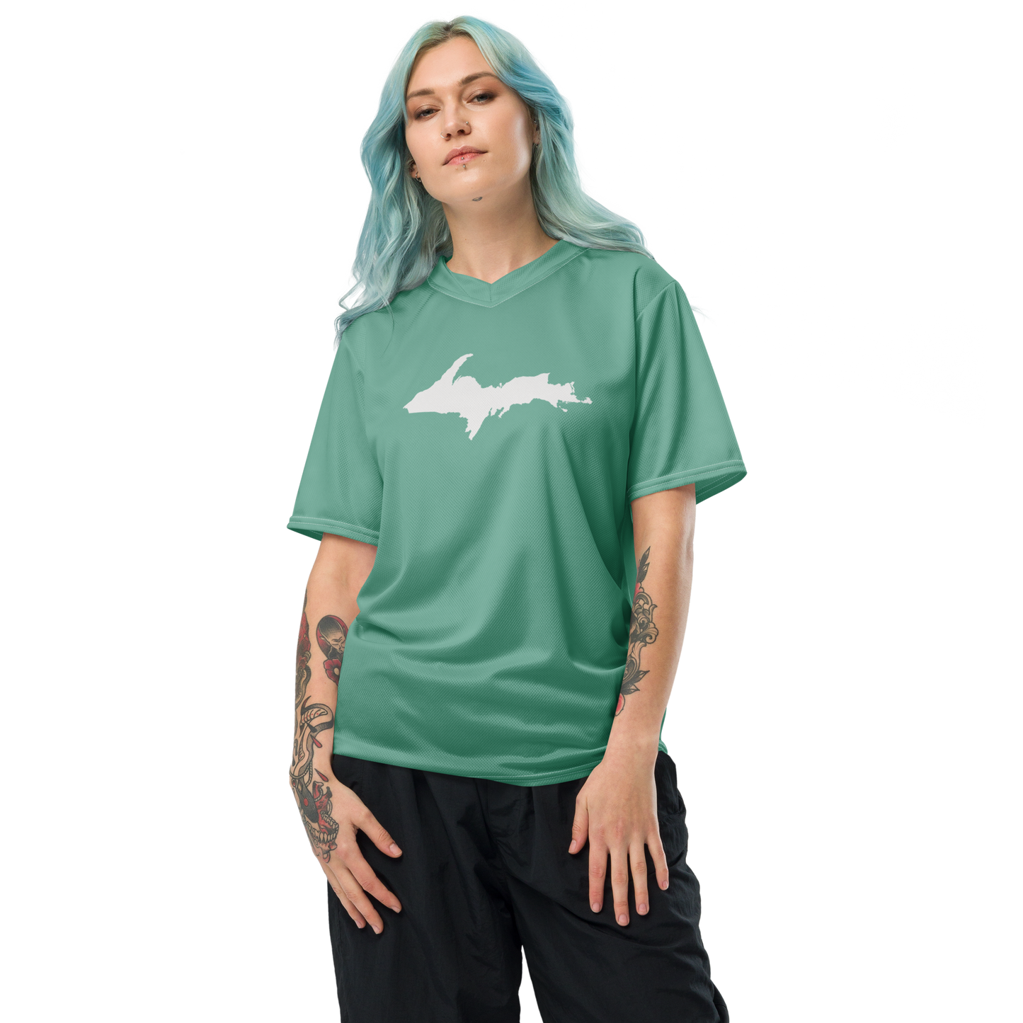 Michigan Upper Peninsula Soccer Jersey (w/ UP Outline) | Unisex - Metallic Mint Green