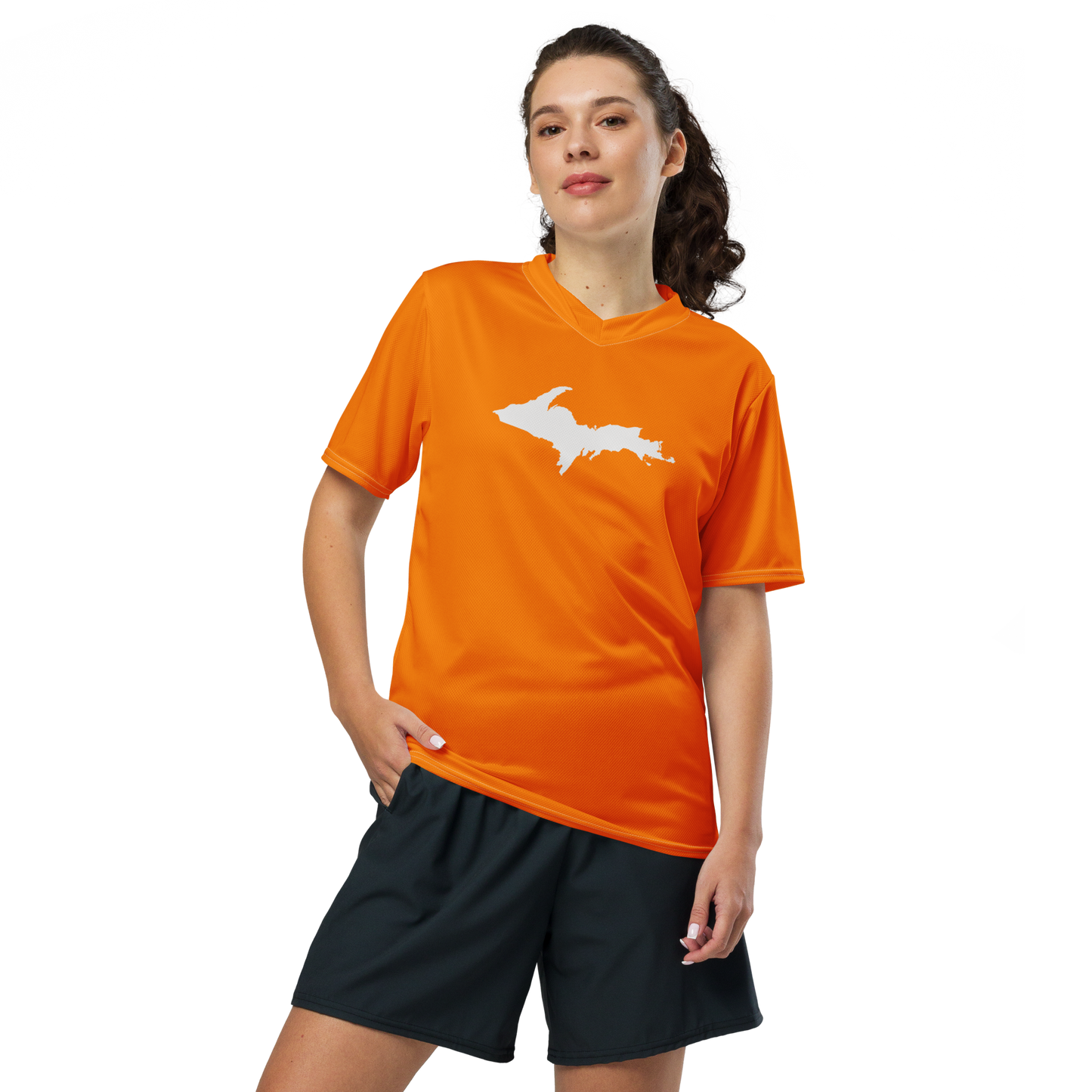 Michigan Upper Peninsula Soccer Jersey (w/ UP Outline) | Unisex - Safety Orange