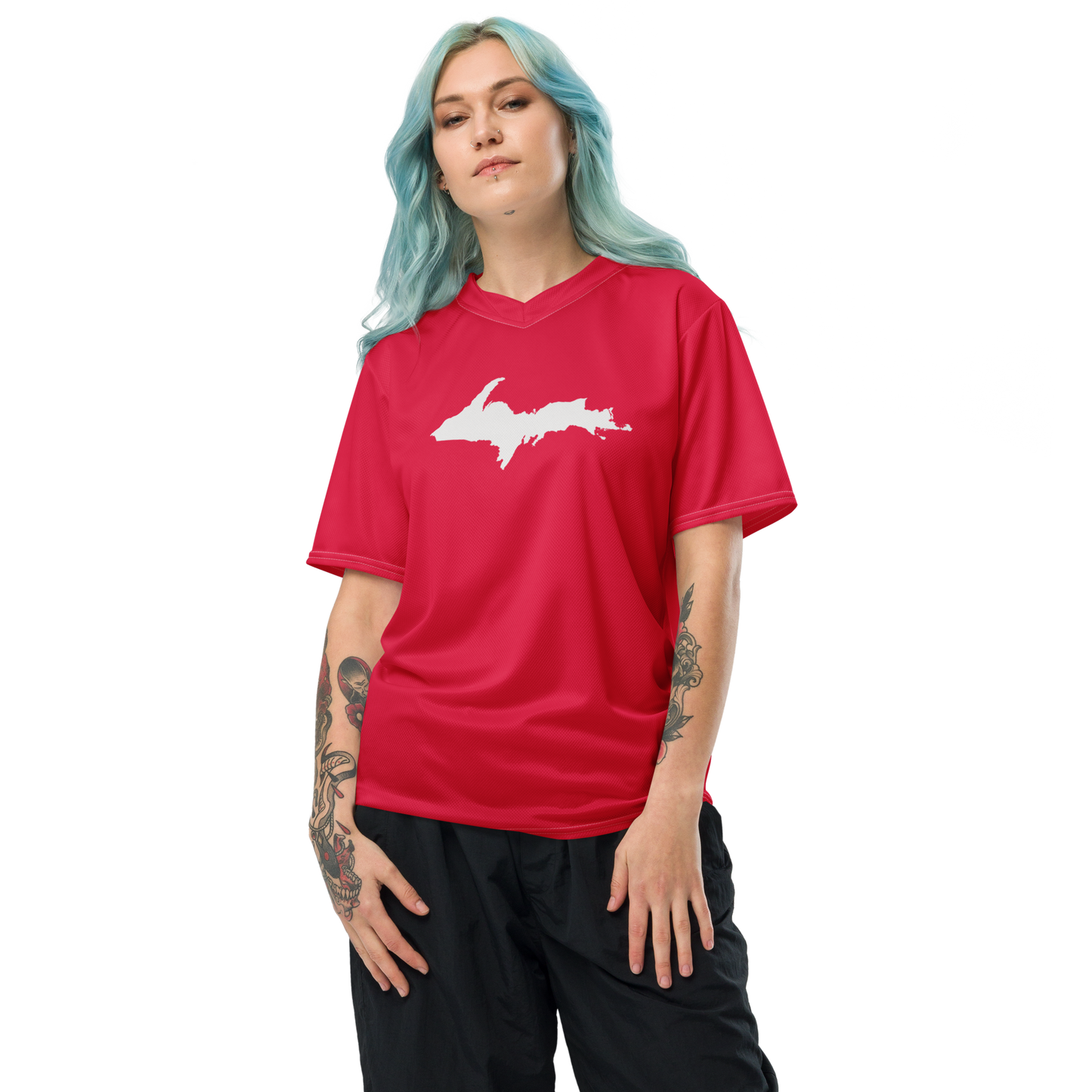 Michigan Upper Peninsula Soccer Jersey (w/ UP Outline) | Unisex - Lighthouse Red