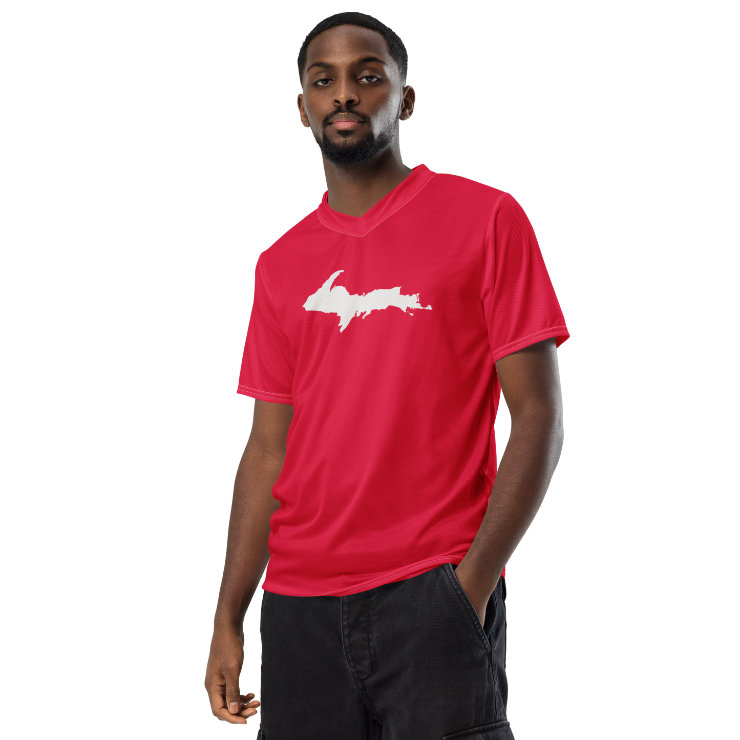 Michigan Upper Peninsula Soccer Jersey (w/ UP Outline) | Unisex - Lighthouse Red