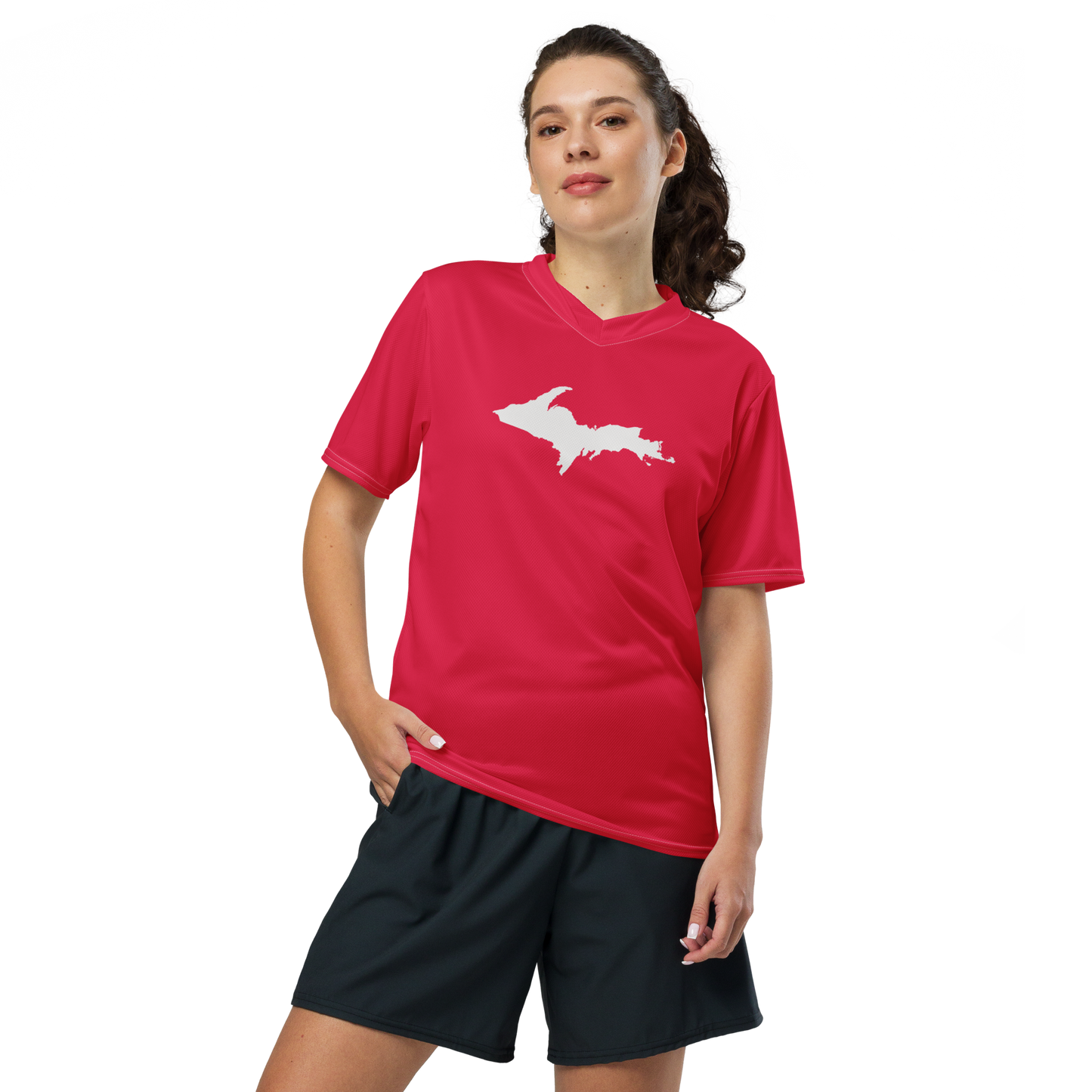 Michigan Upper Peninsula Soccer Jersey (w/ UP Outline) | Unisex - Lighthouse Red