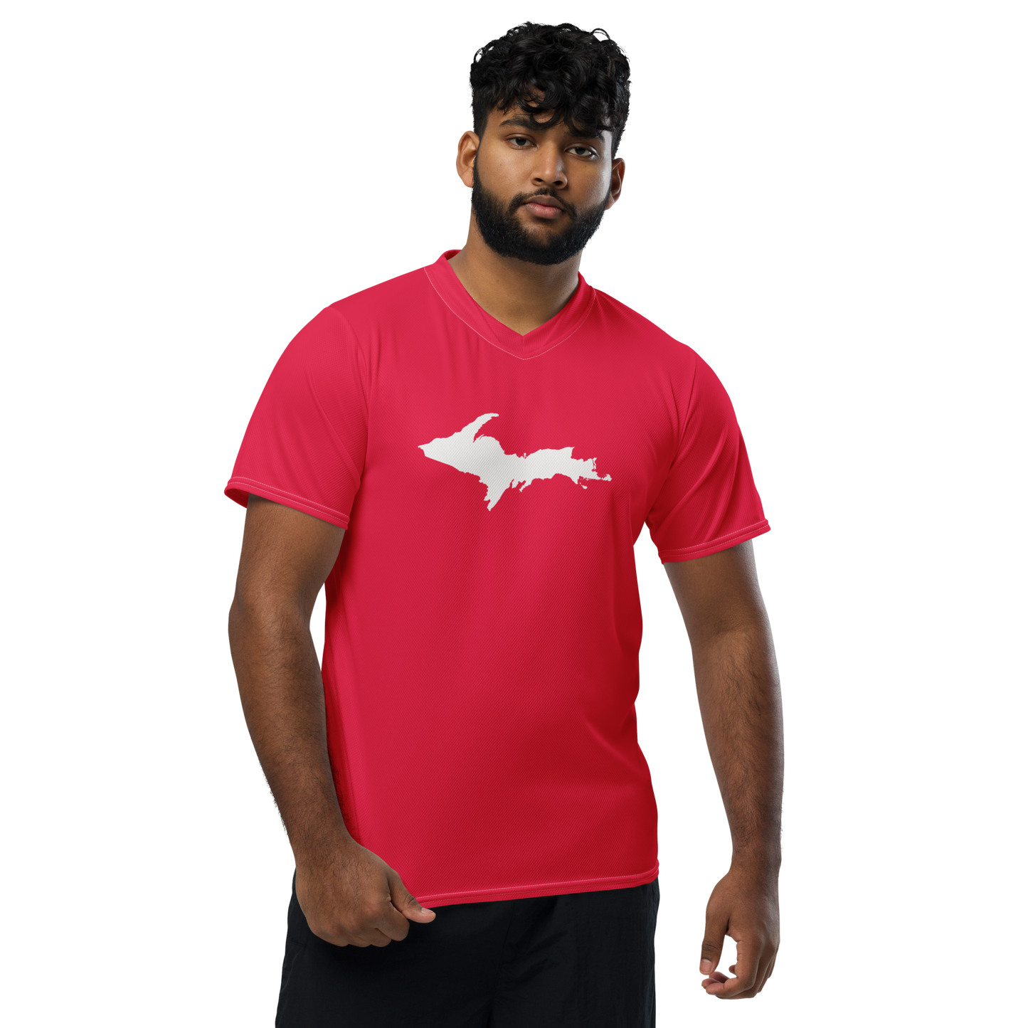 Michigan Upper Peninsula Soccer Jersey (w/ UP Outline) | Unisex - Lighthouse Red