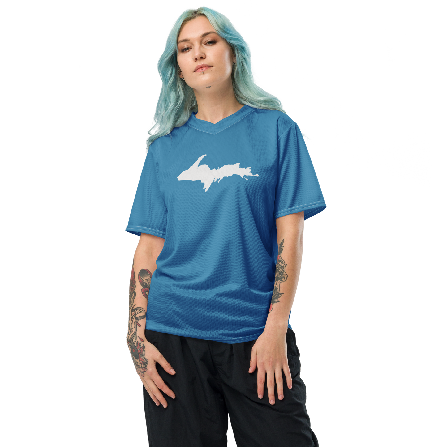 Michigan Upper Peninsula Soccer Jersey (w/ UP Outline) | Unisex - Lake Michigan Blue