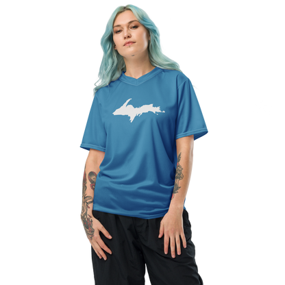 Michigan Upper Peninsula Soccer Jersey (w/ UP Outline) | Unisex - Lake Michigan Blue