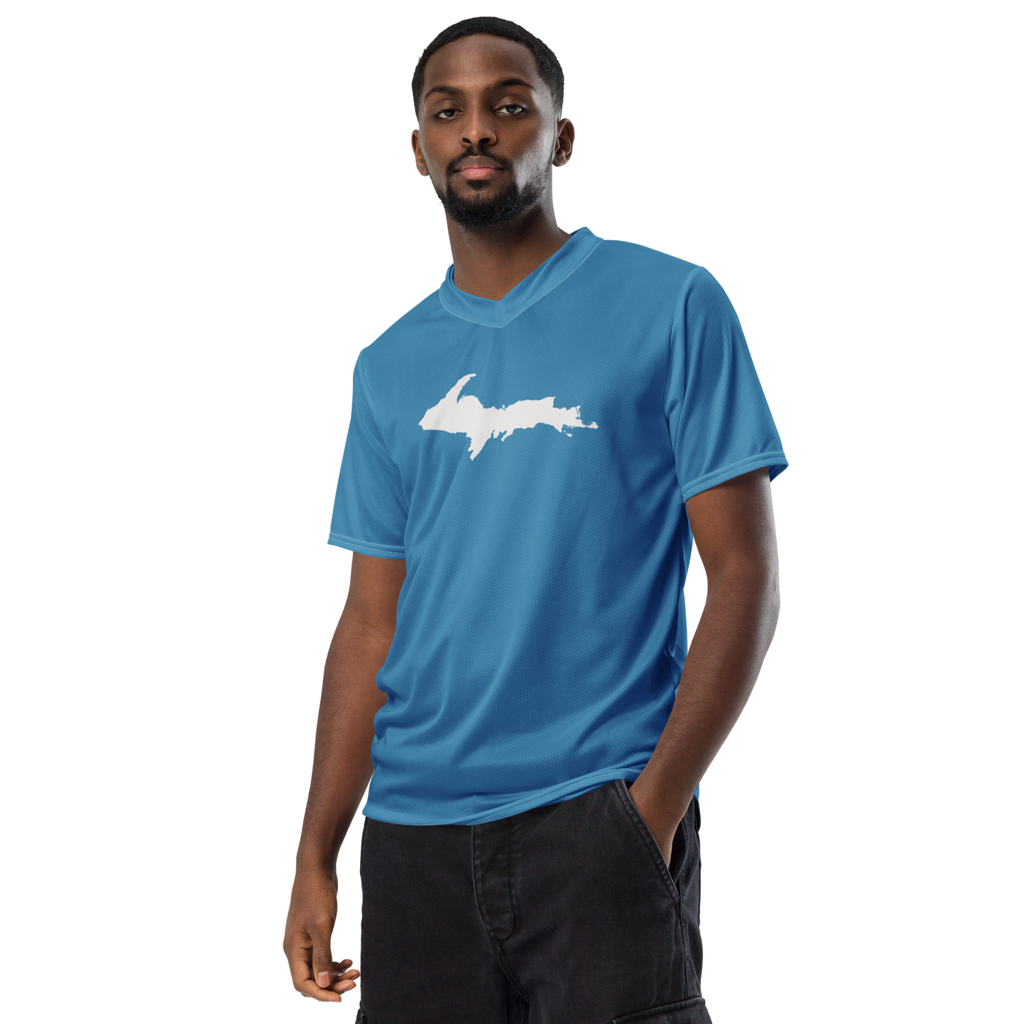 Michigan Upper Peninsula Soccer Jersey (w/ UP Outline) | Unisex - Lake Michigan Blue