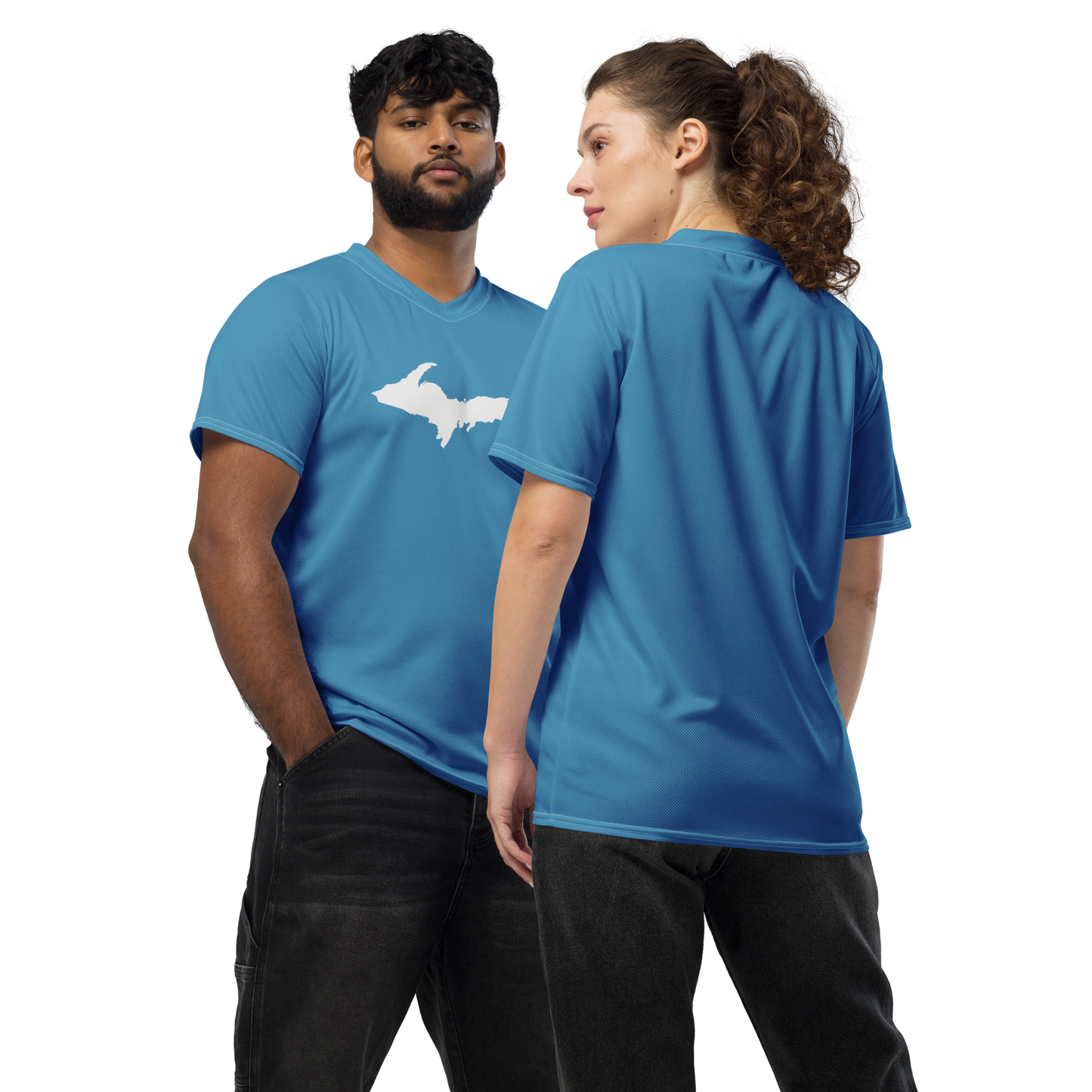 Michigan Upper Peninsula Soccer Jersey (w/ UP Outline) | Unisex - Lake Michigan Blue