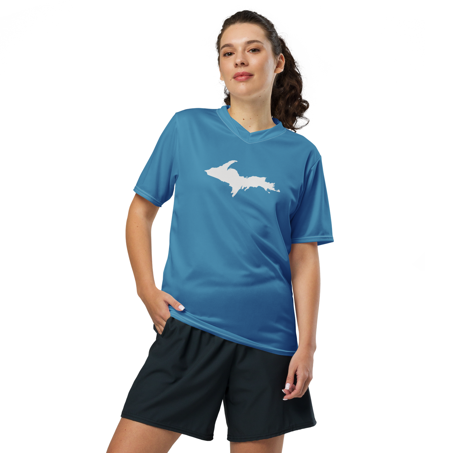 Michigan Upper Peninsula Soccer Jersey (w/ UP Outline) | Unisex - Lake Michigan Blue