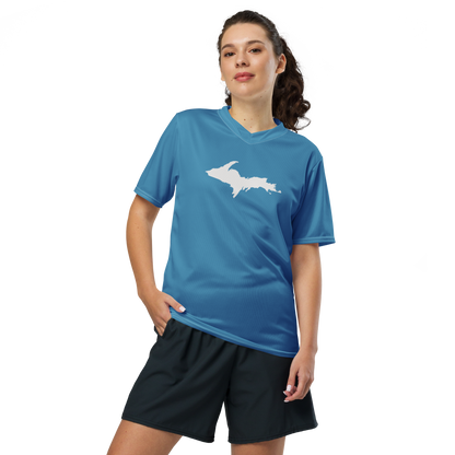 Michigan Upper Peninsula Soccer Jersey (w/ UP Outline) | Unisex - Lake Michigan Blue