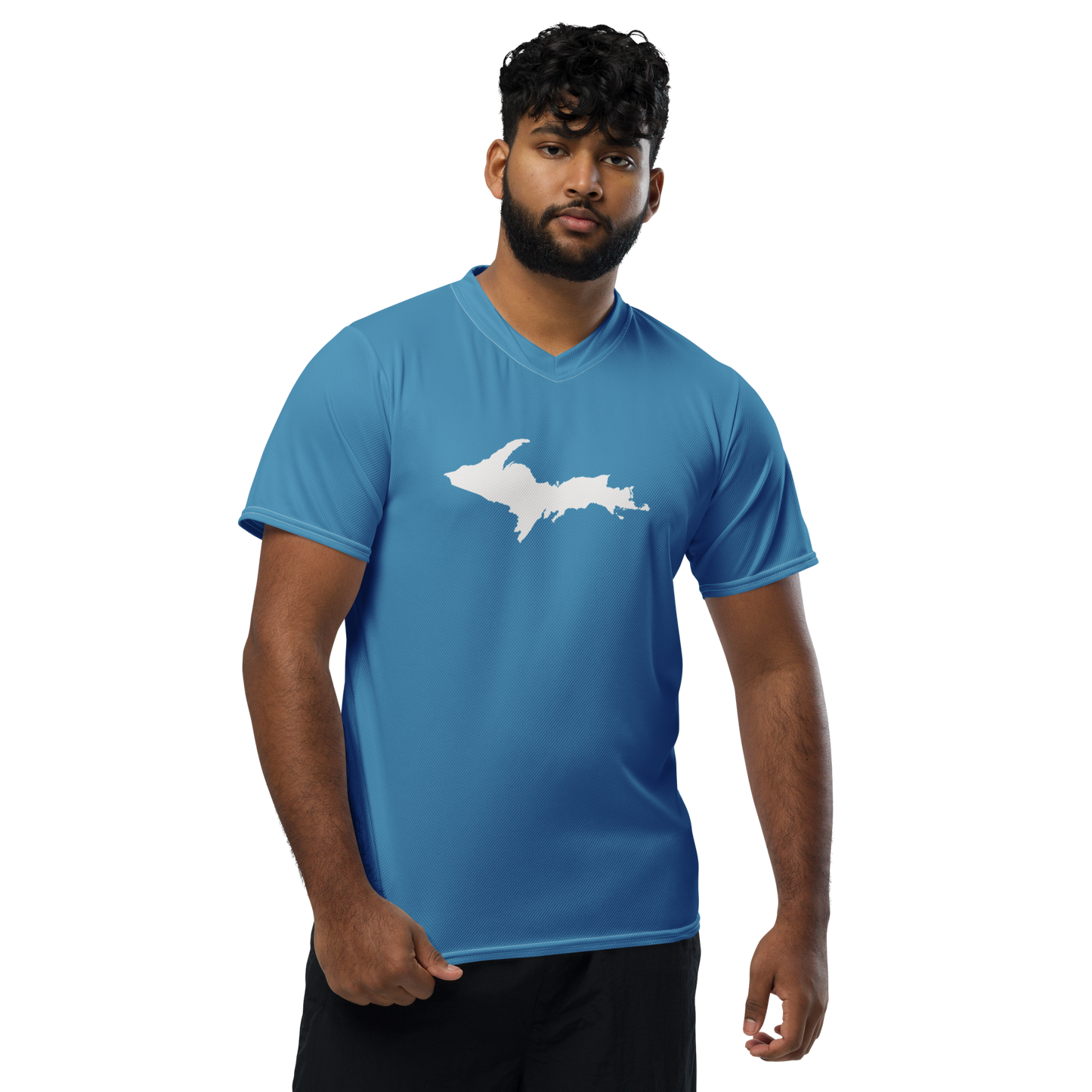 Michigan Upper Peninsula Soccer Jersey (w/ UP Outline) | Unisex - Lake Michigan Blue