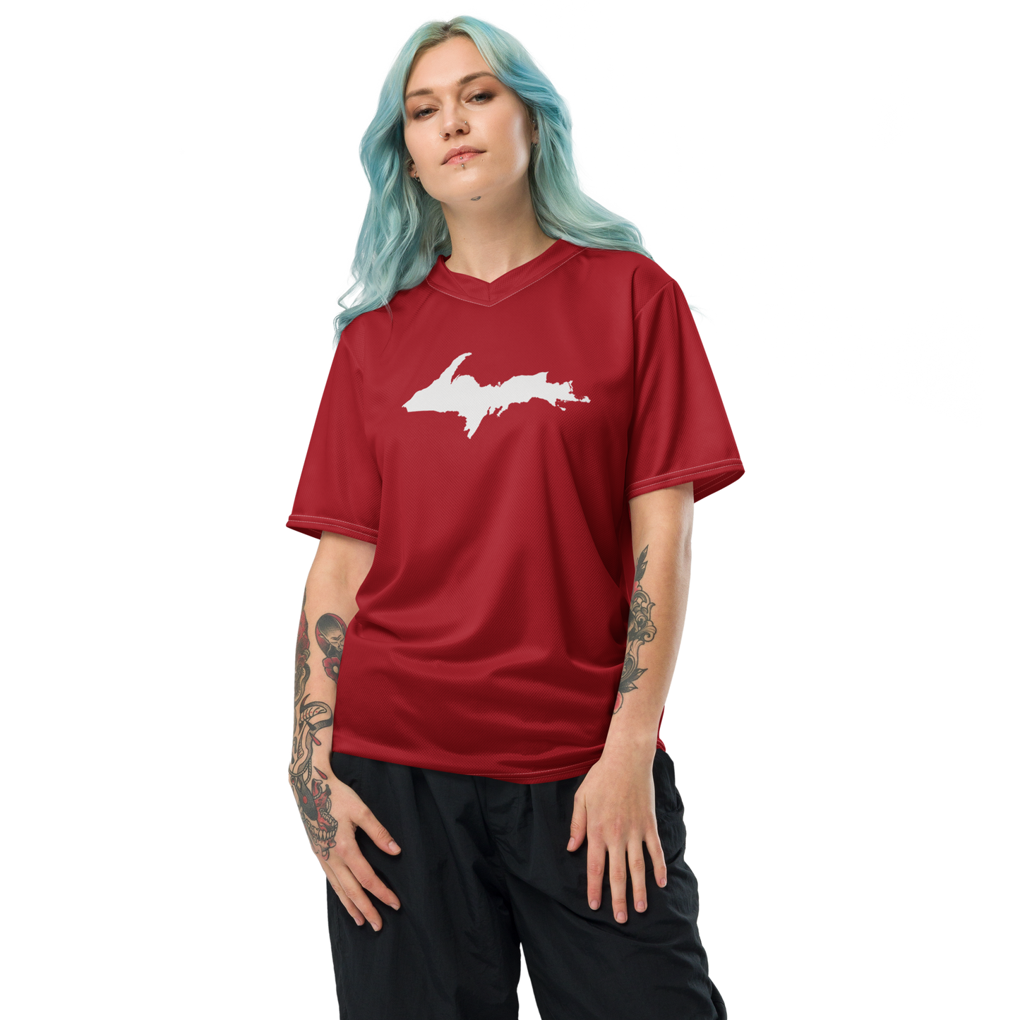 Michigan Upper Peninsula Soccer Jersey (w/ UP Outline) | Unisex - Thimbleberry Red