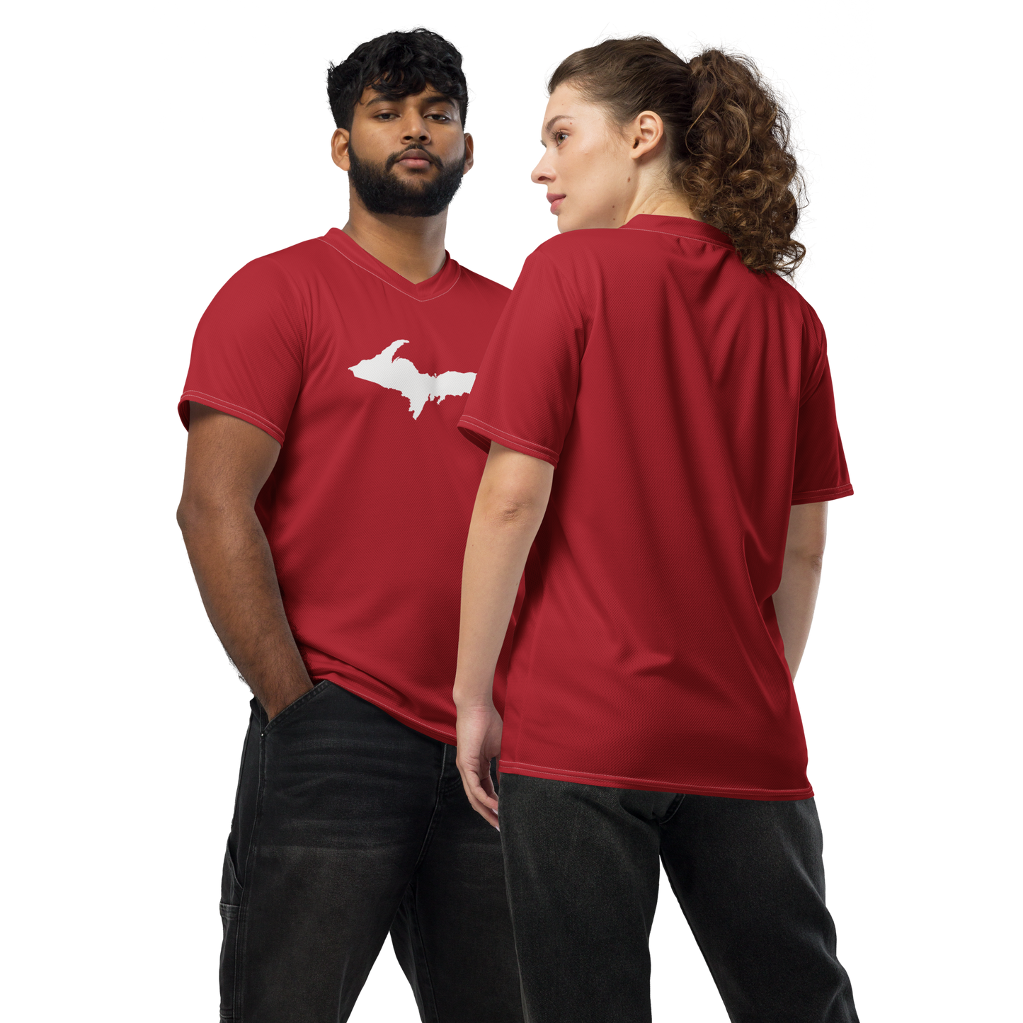 Michigan Upper Peninsula Soccer Jersey (w/ UP Outline) | Unisex - Thimbleberry Red